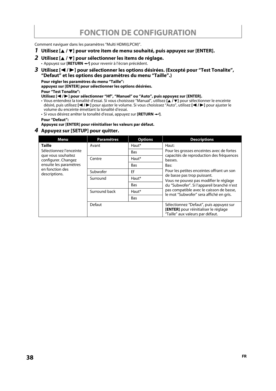 Sylvania NB501SL9 owner manual Menu Paramétres Options Descriptions, Taille 