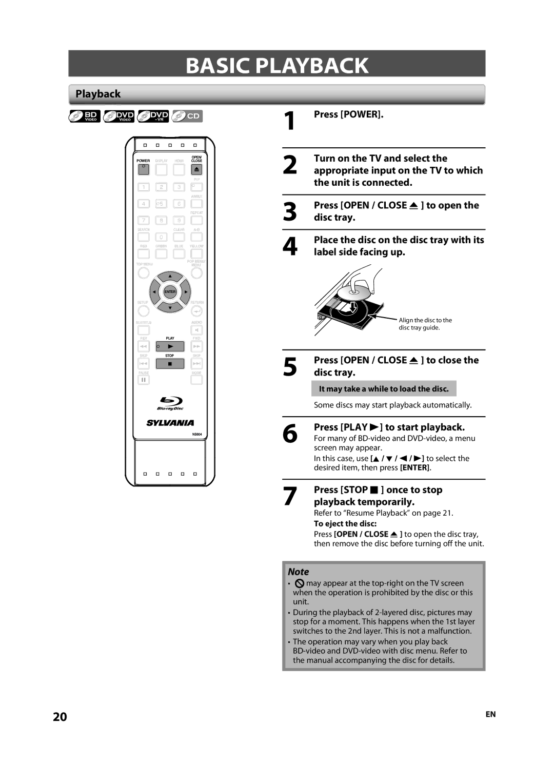 Sylvania NB501SL9 owner manual Basic Playback, Press Open / Close a to close the disc tray, Press Play B to start playback 