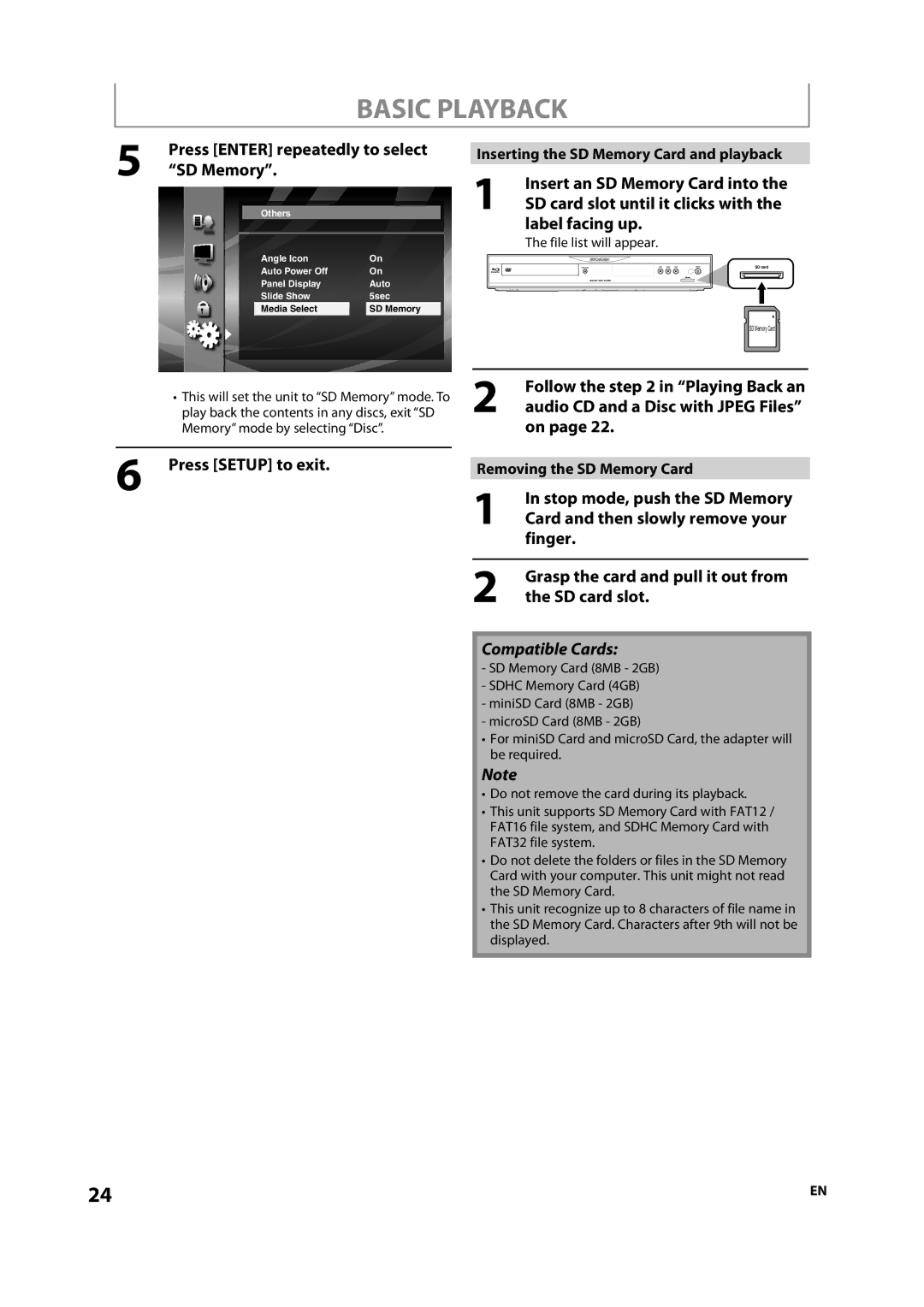 Sylvania NB501SL9 owner manual Press Enter repeatedly to select SD Memory, Label facing up, Removing the SD Memory Card 