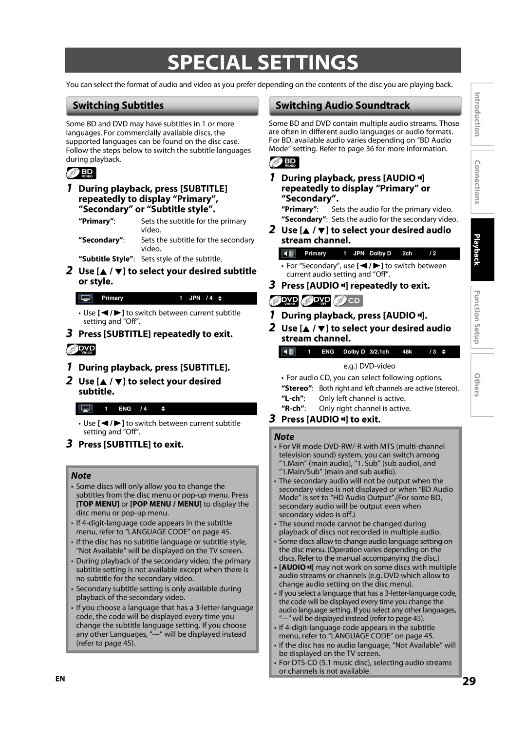 Sylvania NB501SL9 owner manual Special Settings, Switching Subtitles Switching Audio Soundtrack 