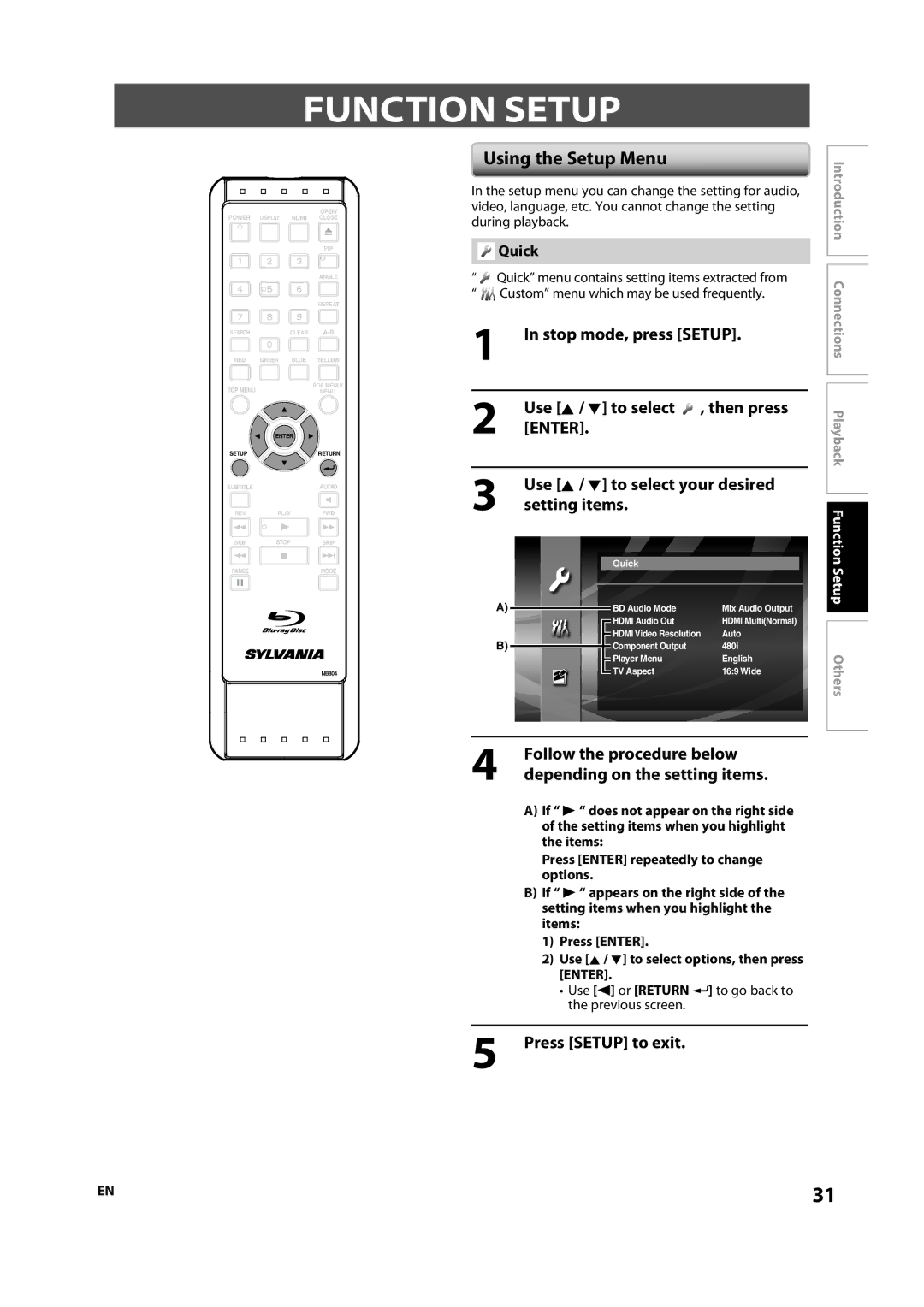 Sylvania NB501SL9 owner manual Function Setup, Using the Setup Menu, Press Setup to exit, Quick 