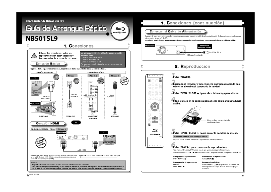 Sylvania NB501SL9 owner manual 1Pulse Power, 5Pulse Open / Close a para cerrar la bandeja de discos 