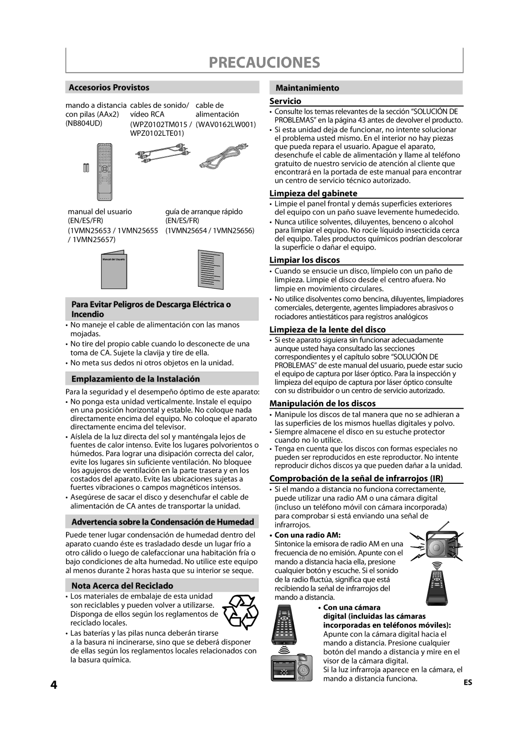 Sylvania NB501SL9 owner manual Accesorios Provistos, Maintanimiento Servicio, Limpieza del gabinete, Limpiar los discos 