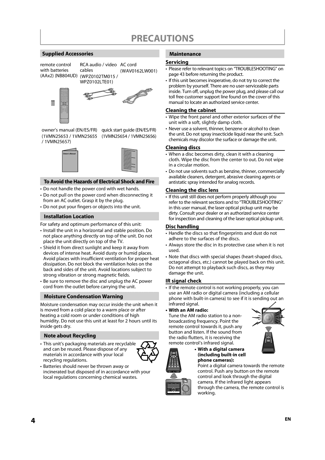 Sylvania NB501SL9 Supplied Accessories, Installation Location, Moisture Condensation Warning, Maintenance Servicing 