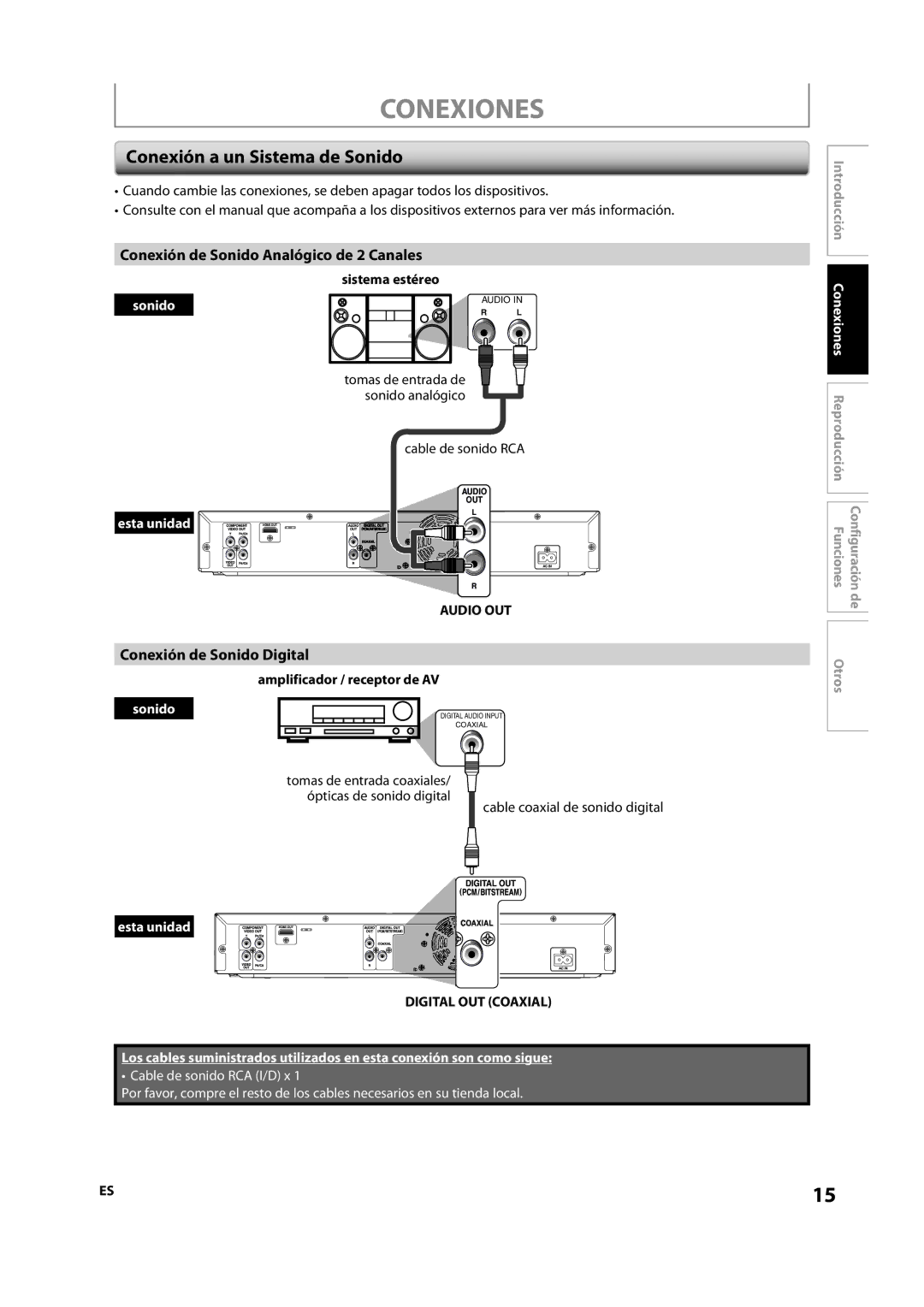 Sylvania NB501SL9 Conexión a un Sistema de Sonido, Conexión de Sonido Analógico de 2 Canales, Conexión de Sonido Digital 