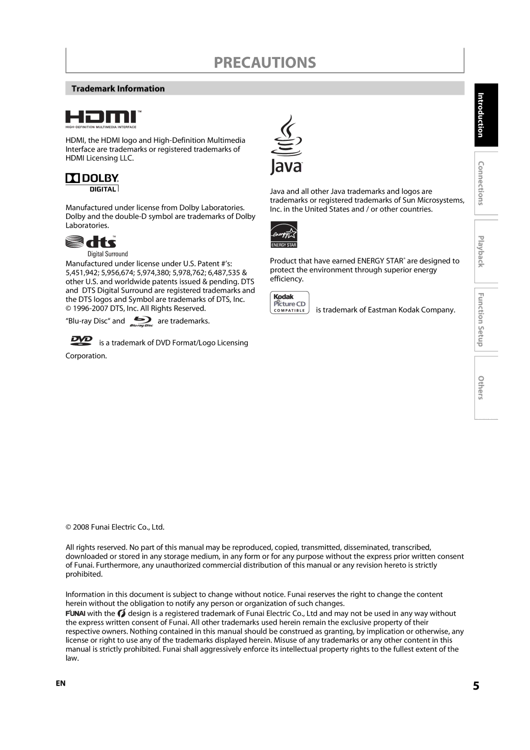 Sylvania NB501SL9 owner manual Trademark Information, 1996-2007 DTS, Inc. All Rights Reserved Blu-ray Disc 