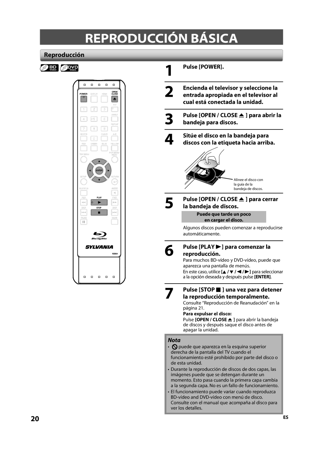 Sylvania NB501SL9 owner manual Reproducción Básica, Pulse Power, Pulse Open / Close a para abrir la bandeja para discos 