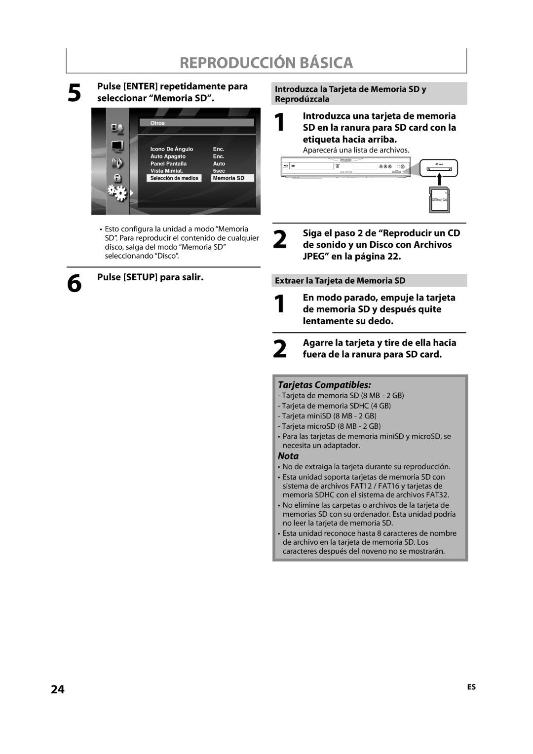 Sylvania NB501SL9 owner manual Pulse Enter repetidamente para seleccionar Memoria SD, Etiqueta hacia arriba 