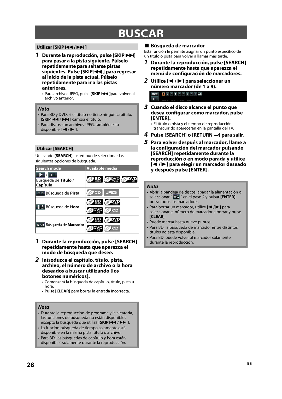 Sylvania NB501SL9 Buscar, Búsqueda de marcador, Pulse Search o Return para salir, Utilizar Skip H / G, Utilizar Search 