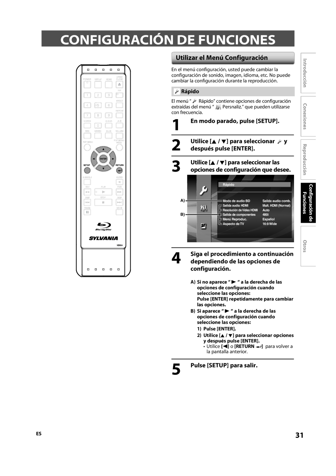 Sylvania NB501SL9 owner manual Configuración DE Funciones, Utilizar el Menú Configuración, Pulse Setup para salir, Rápido 