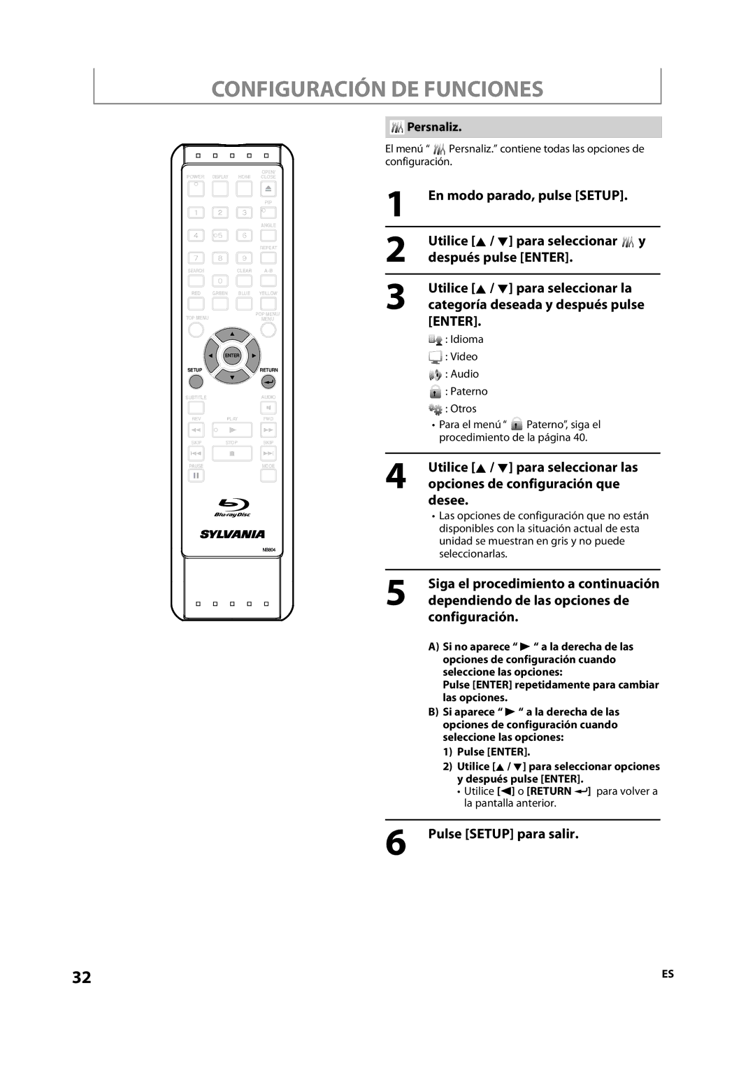 Sylvania NB501SL9 owner manual Configuración DE Funciones, Persnaliz, Idioma Video Audio Paterno Otros 