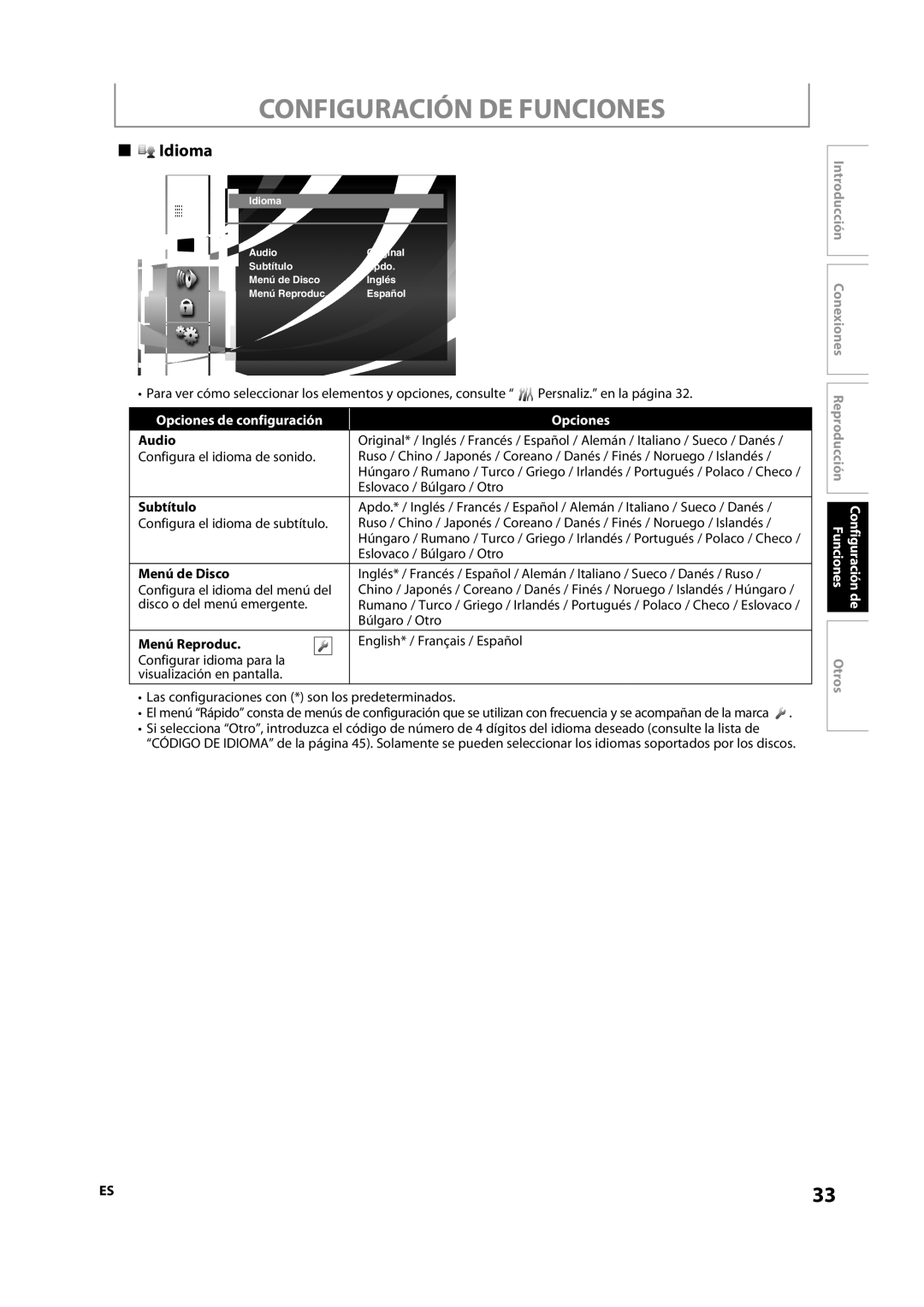 Sylvania NB501SL9 owner manual Idioma, Opciones de configuración, Subtítulo, Menú de Disco, Menú Reproduc 