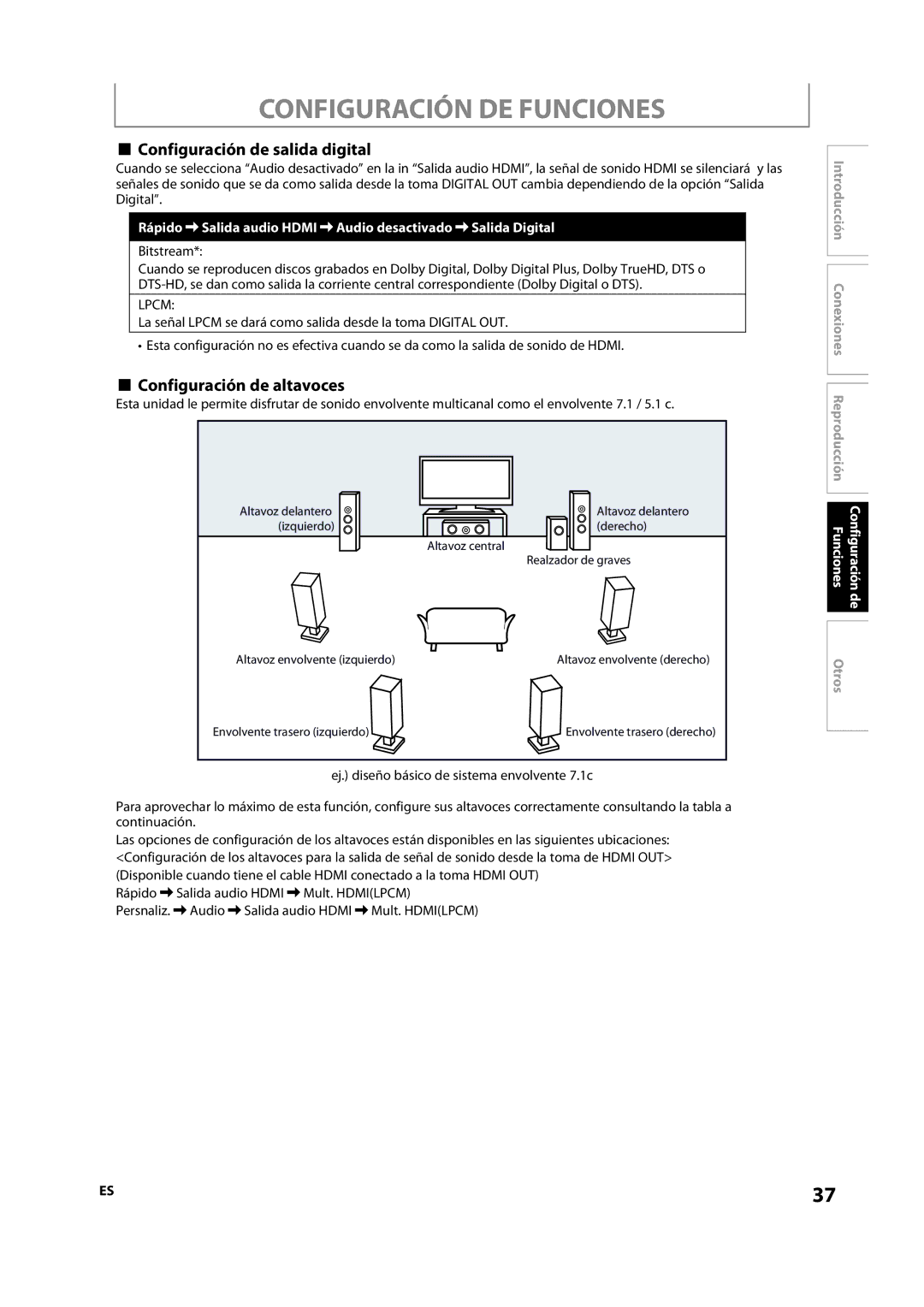 Sylvania NB501SL9 owner manual Configuración de salida digital, Configuración de altavoces, Bitstream 