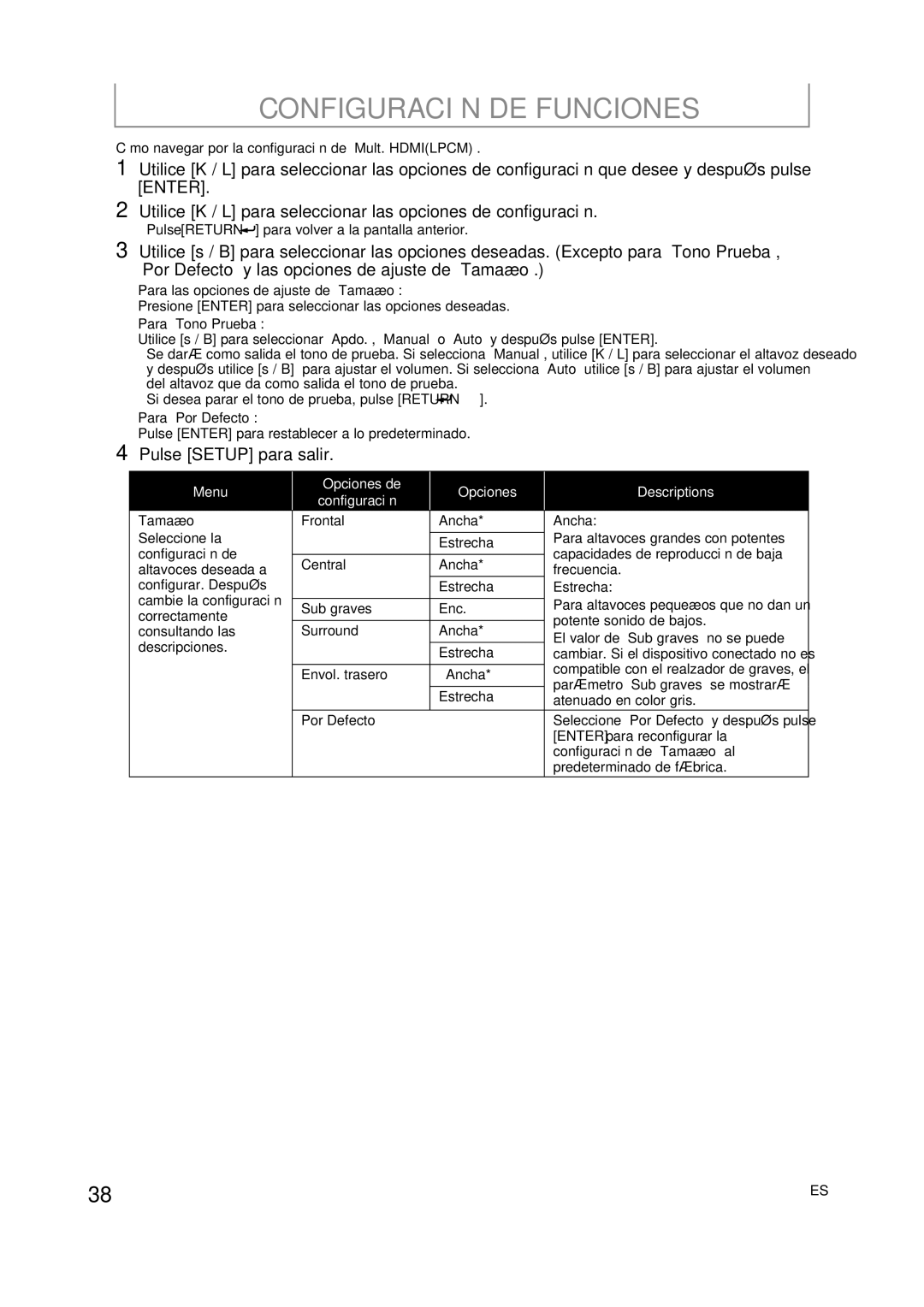 Sylvania NB501SL9 owner manual Menu Opciones de Descriptions Configuración, Tamaño 