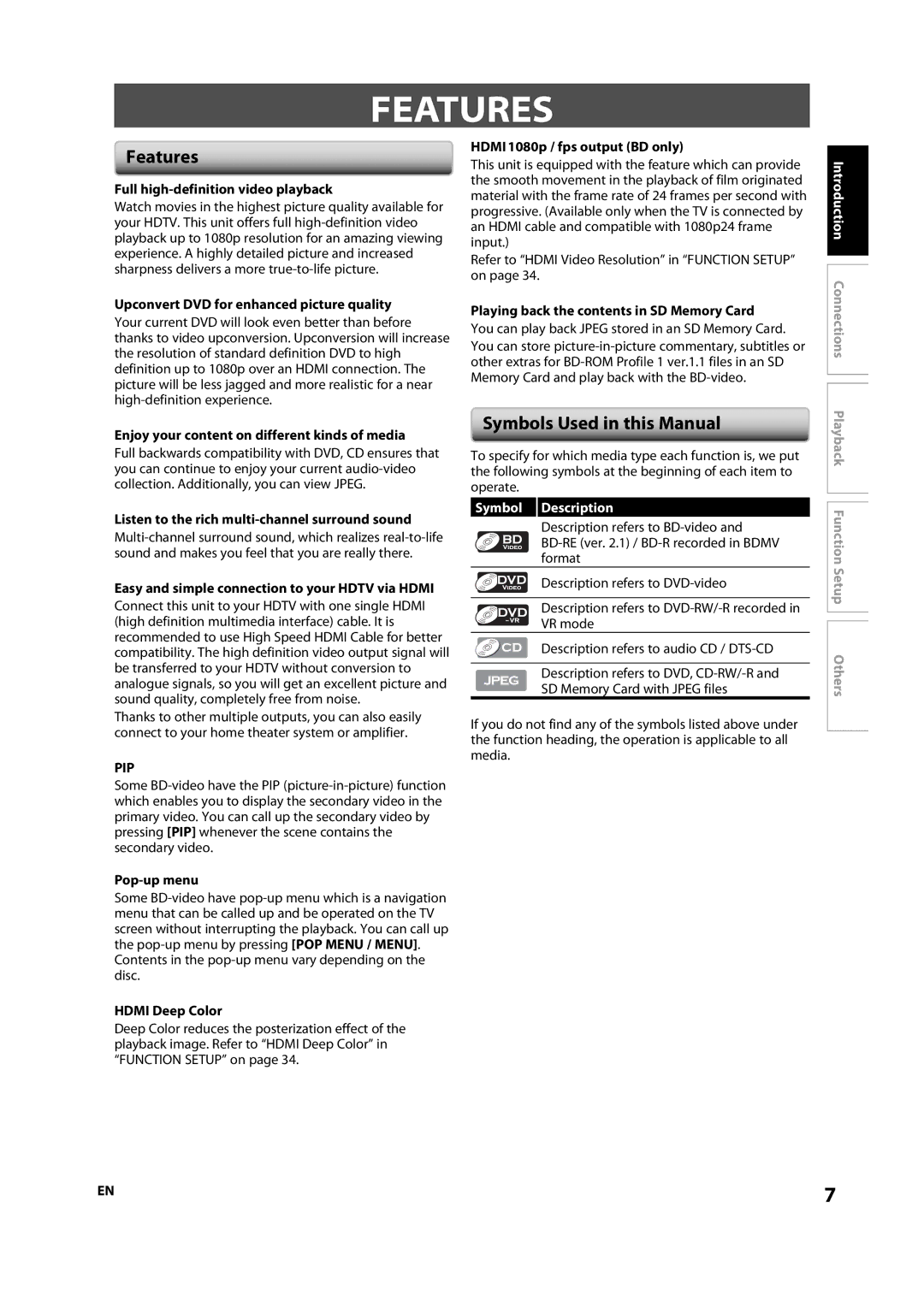 Sylvania NB501SL9 owner manual Features, Symbols Used in this Manual, Pip, Symbol Description 