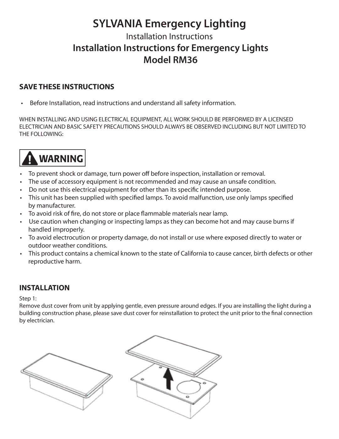 Sylvania RM36 installation instructions Sylvania Emergency Lighting, Installation 