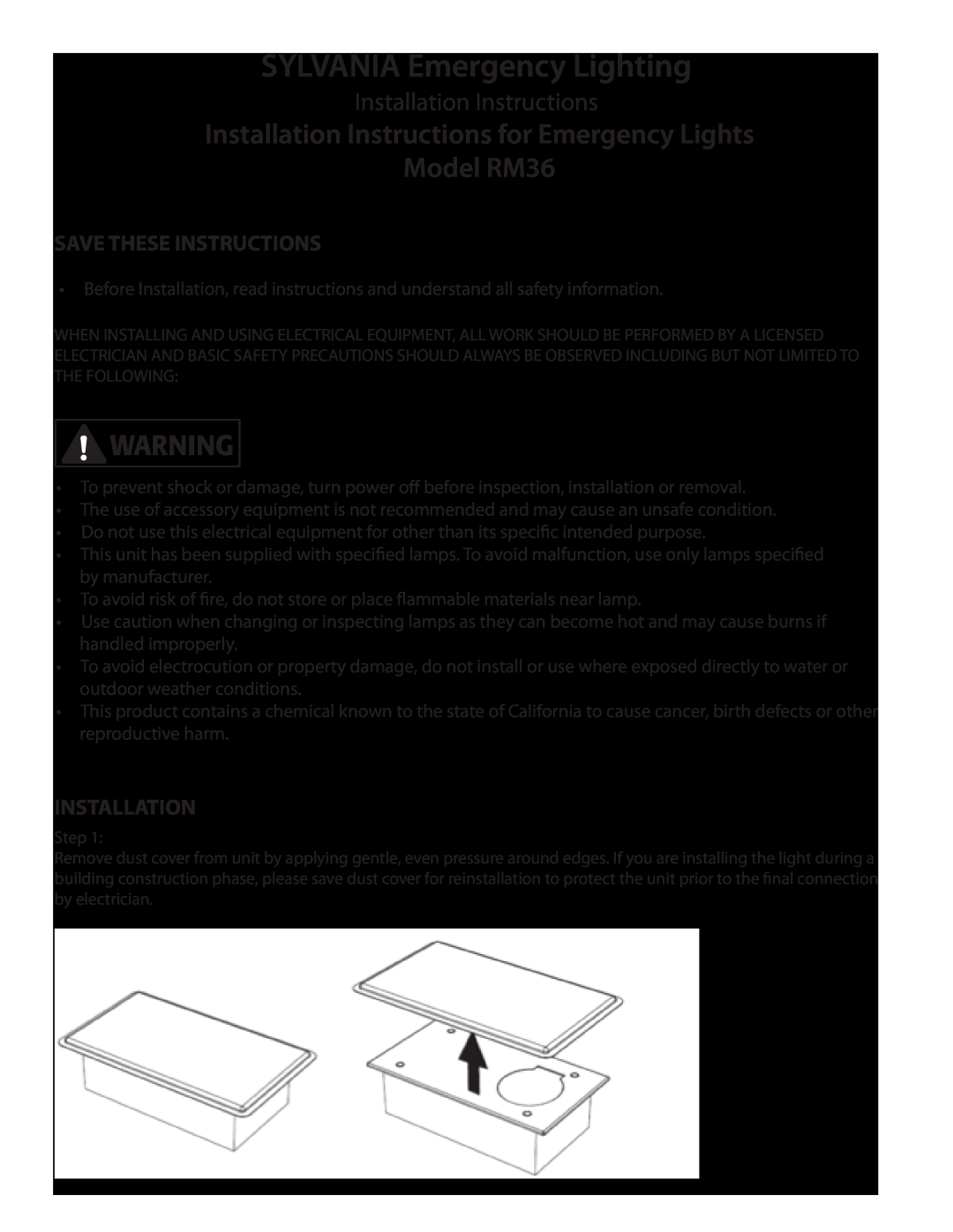 Sylvania installation instructions Save These Instructions, Installation, SYLVANIA Emergency Lighting, Model RM36 