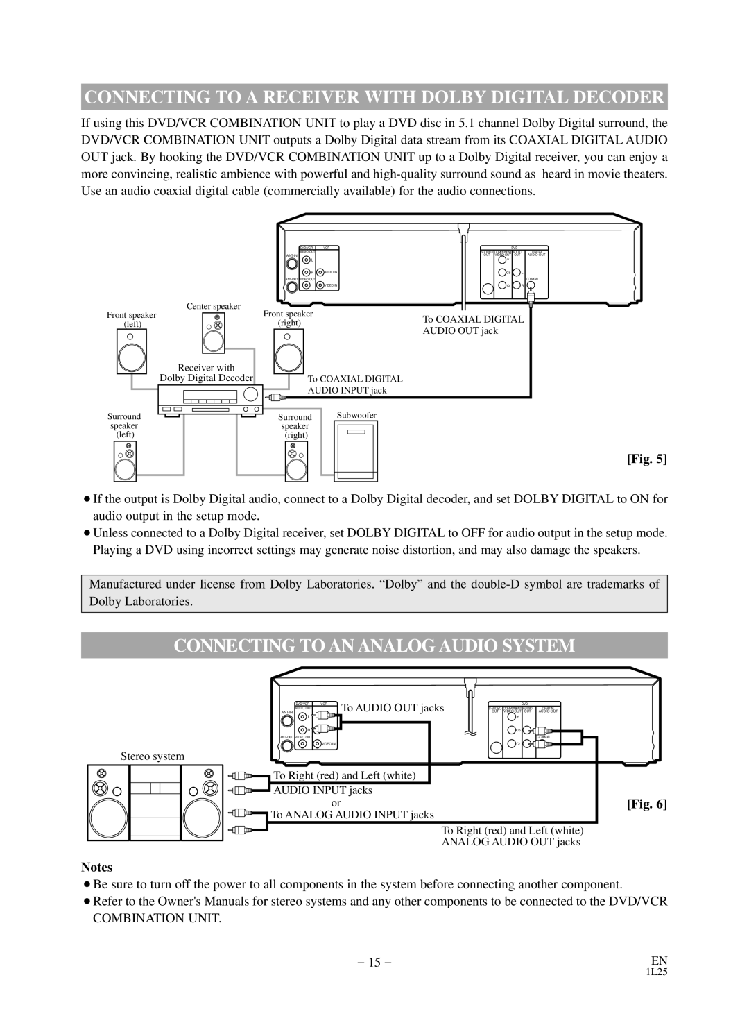 Sylvania RSDCD2203 owner manual Connecting to a Receiver with Dolby Digital Decoder, Connecting to AN Analog Audio System 