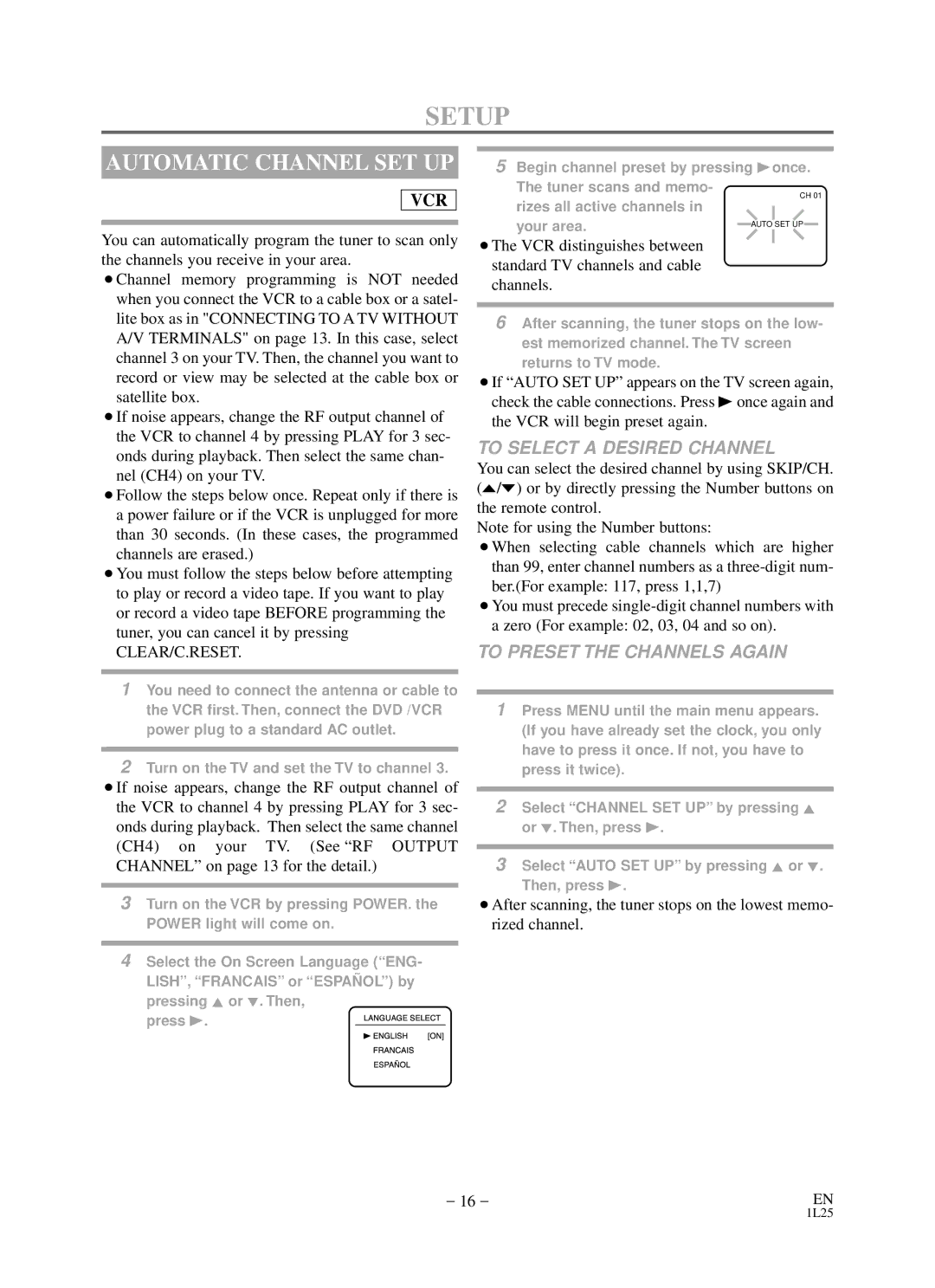 Sylvania RSDCD2203 owner manual Setup, Automatic Channel SET UP, To Select a Desired Channel, To Preset the Channels Again 