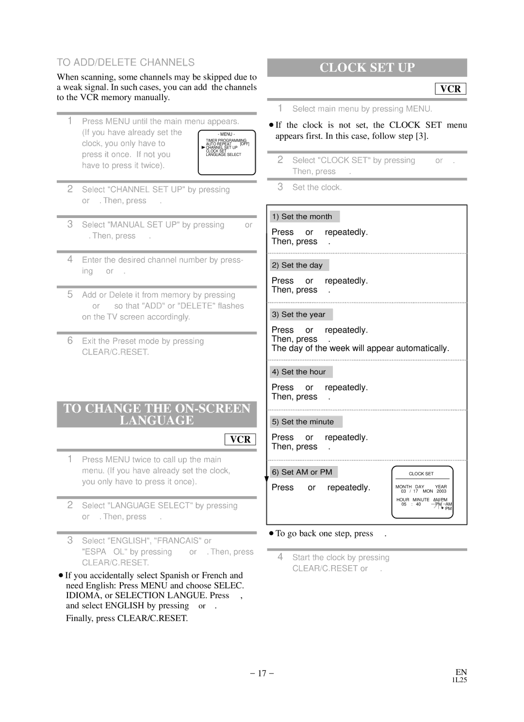 Sylvania RSDCD2203 owner manual Clock SET UP, To Change the ON-SCREEN Language, To ADD/DELETE Channels 