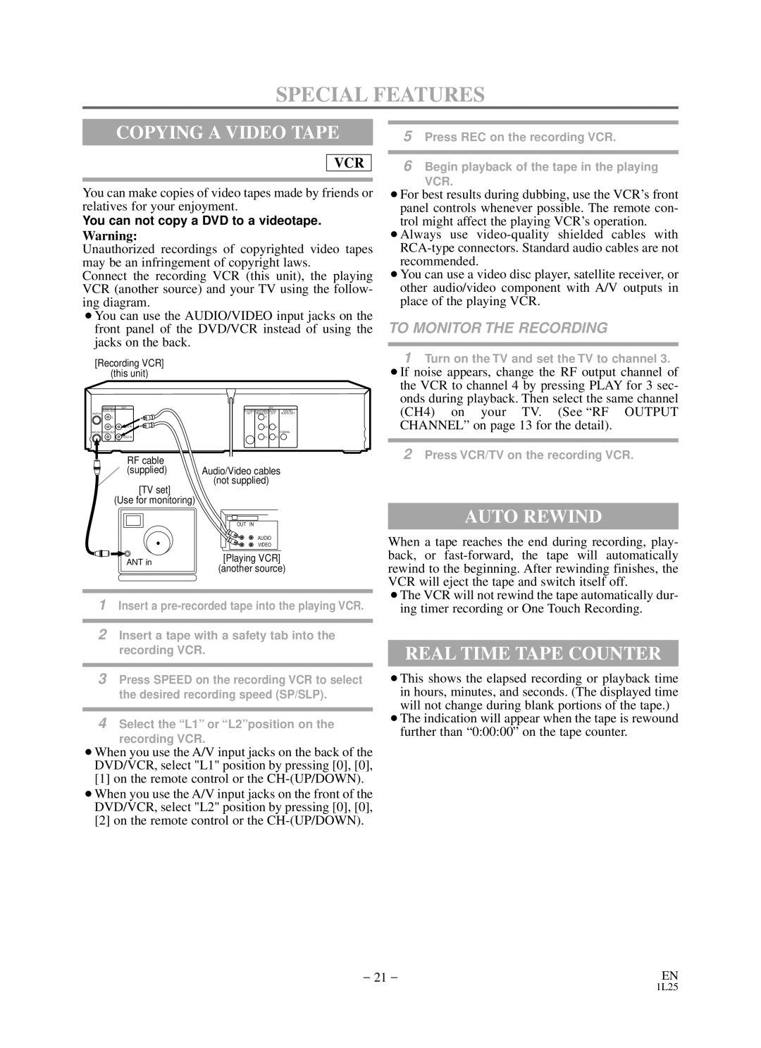 Sylvania RSDCD2203 Special Features, Copying a Video Tape, Auto Rewind, Real Time Tape Counter, To Monitor the Recording 