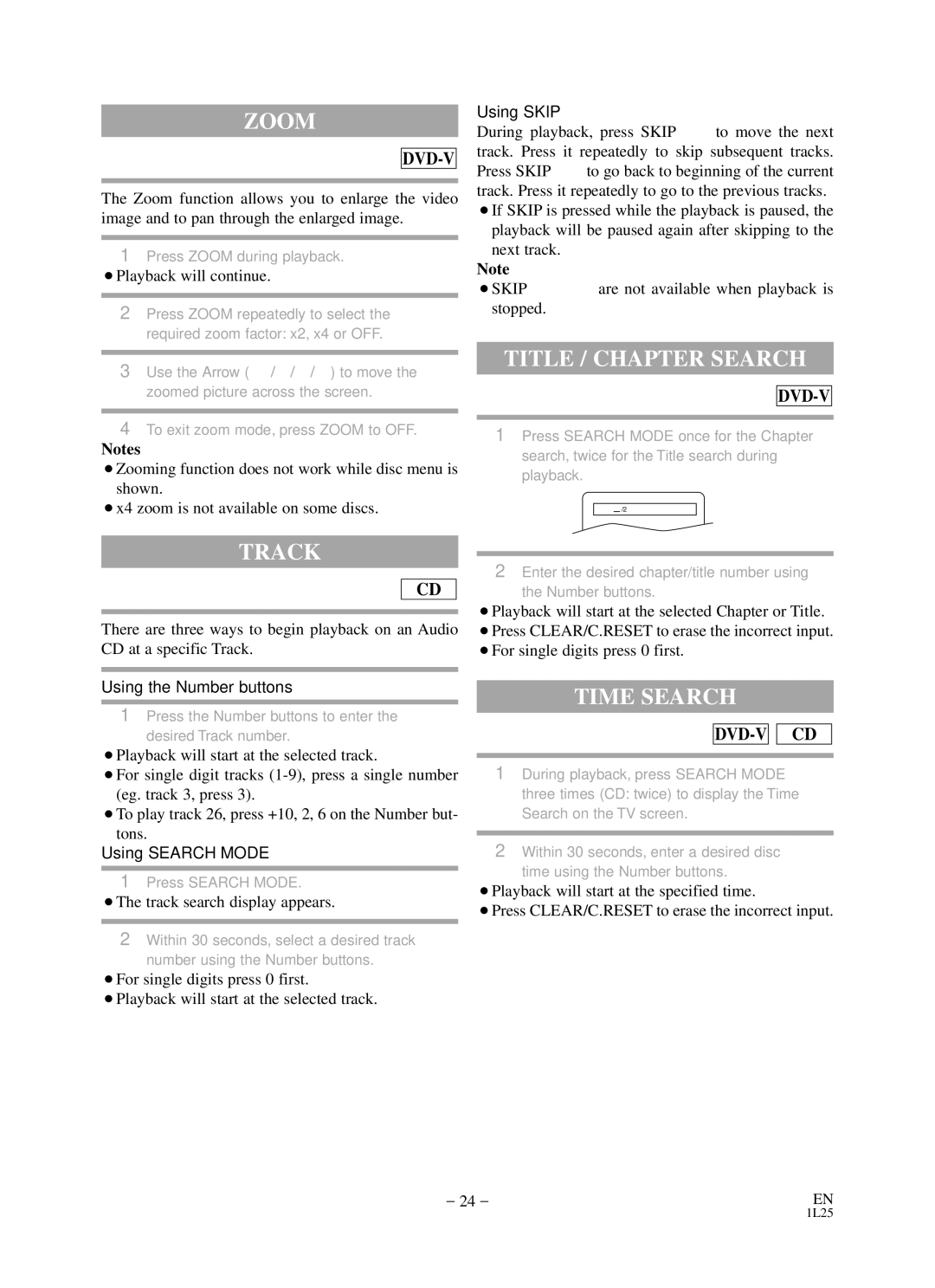 Sylvania RSDCD2203 owner manual Zoom, Title / Chapter Search, Track, Time Search 