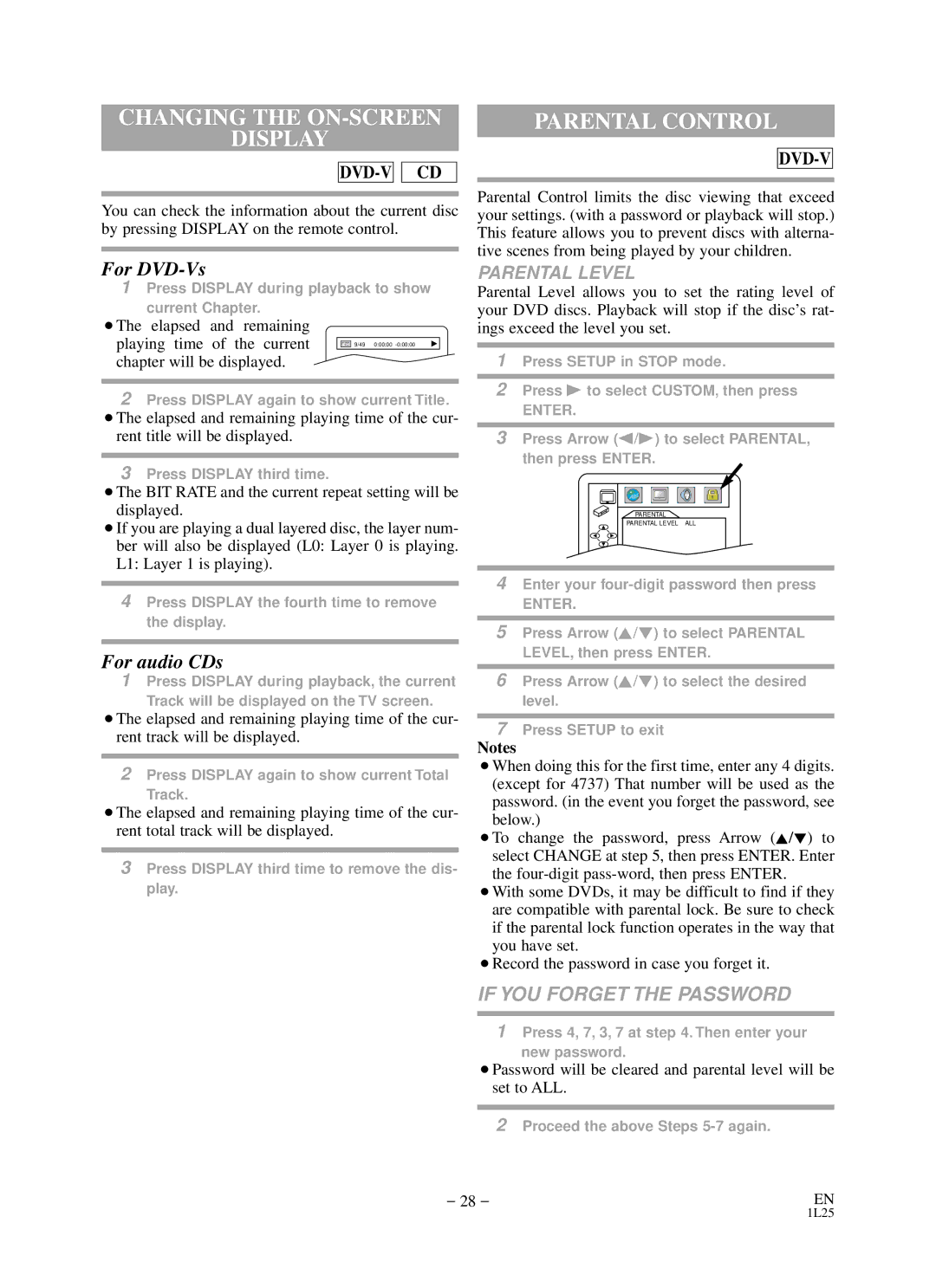 Sylvania RSDCD2203 owner manual Changing the ON-SCREEN Display, Parental Control, Parental Level, Chapter will be displayed 