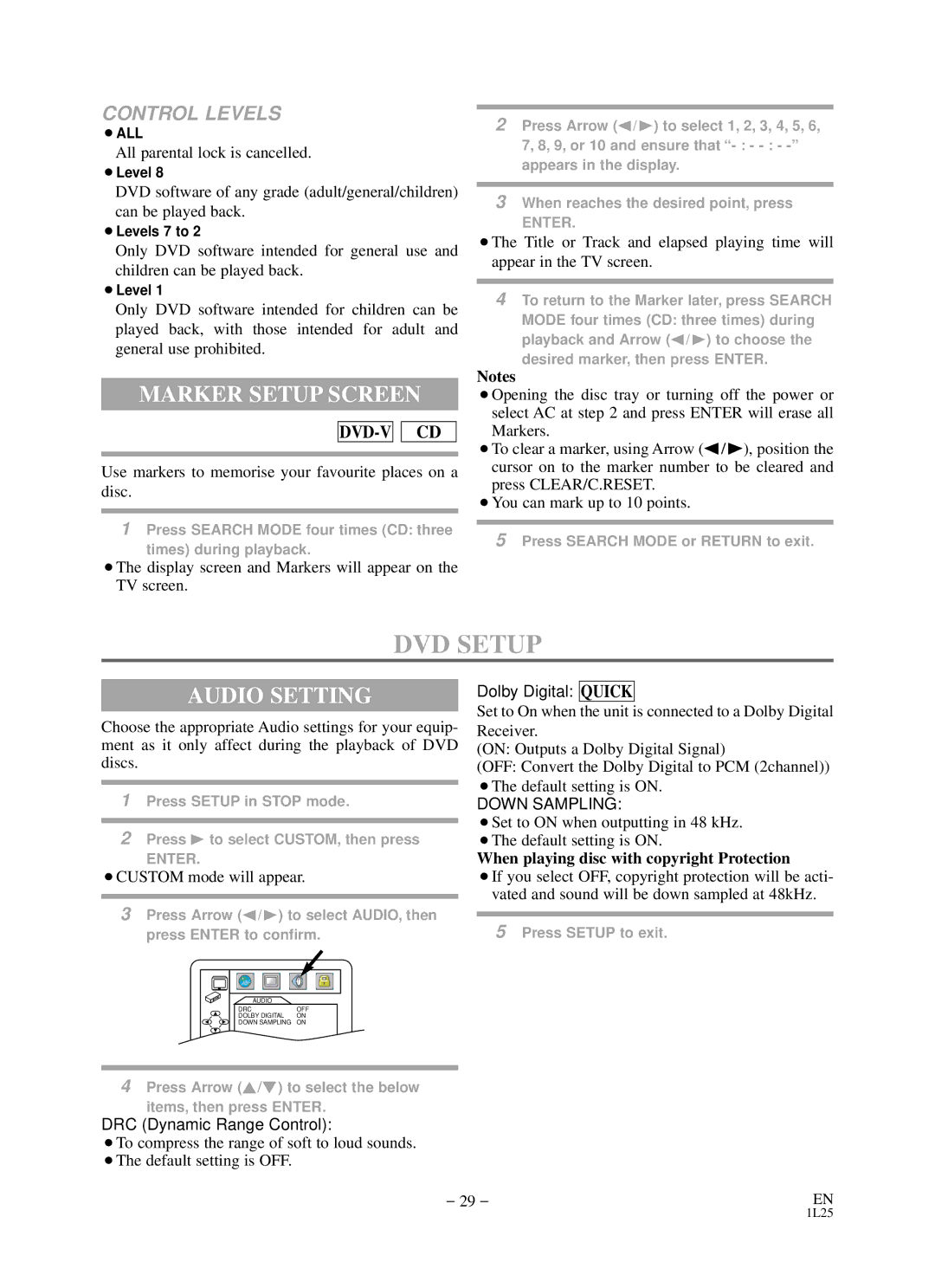 Sylvania RSDCD2203 owner manual DVD Setup, Marker Setup Screen, Audio Setting, When playing disc with copyright Protection 