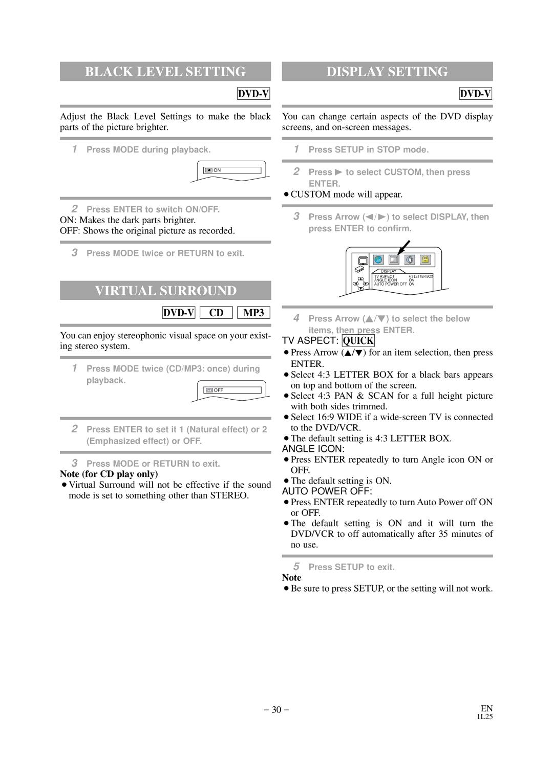 Sylvania RSDCD2203 owner manual Black Level Setting, Display Setting, Virtual Surround 