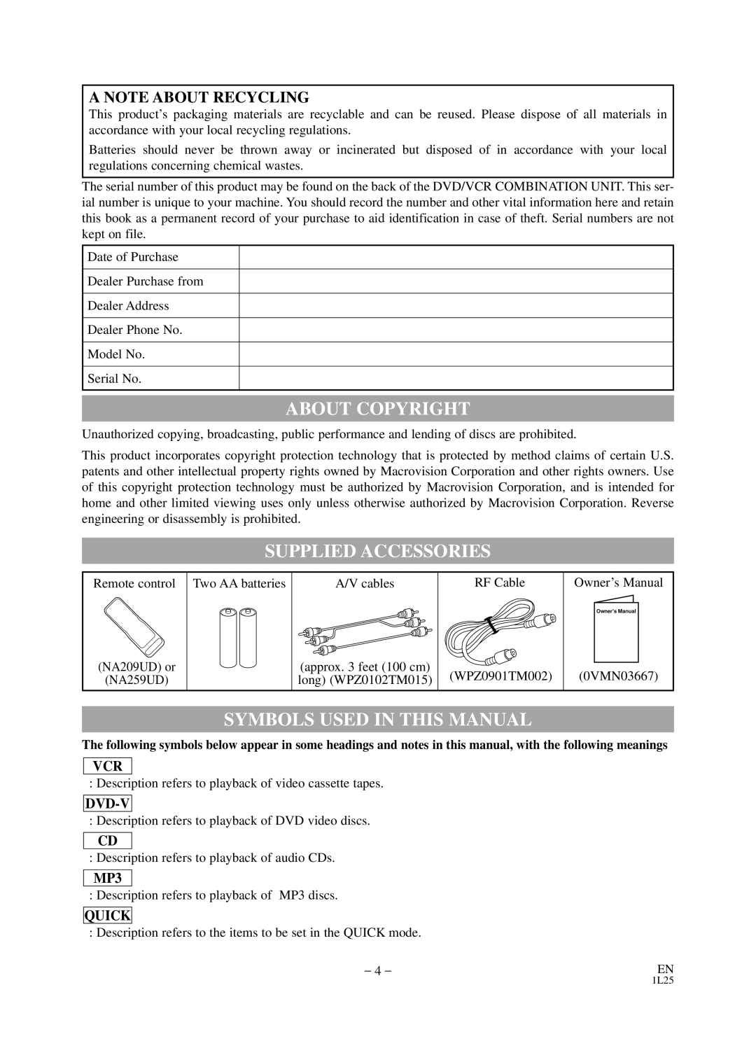 Sylvania RSDCD2203 owner manual About Copyright, Supplied Accessories, Symbols Used in this Manual 