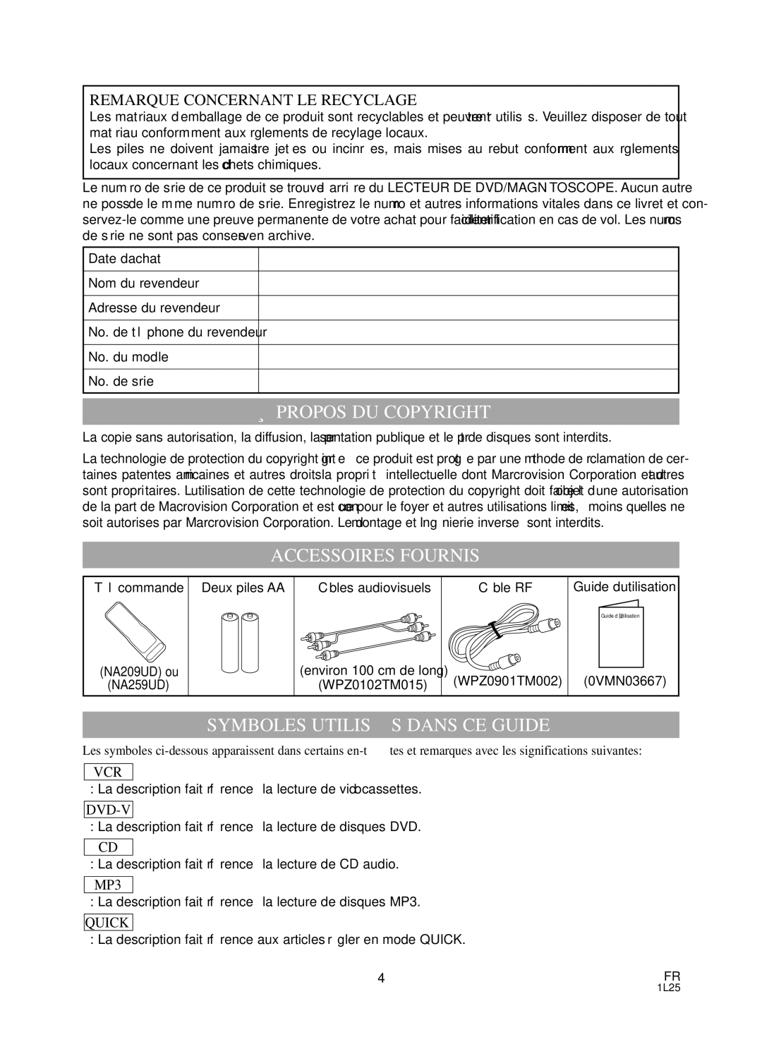 Sylvania RSDCD2203 owner manual Propos DU Copyright, Accessoires Fournis, Symboles Utilisé S Dans CE Guide 