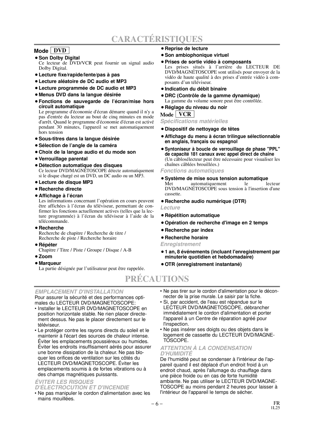 Sylvania RSDCD2203 owner manual Caracté Ristiques, PRÉ Cautions, Mode DVD, Mode VCR 