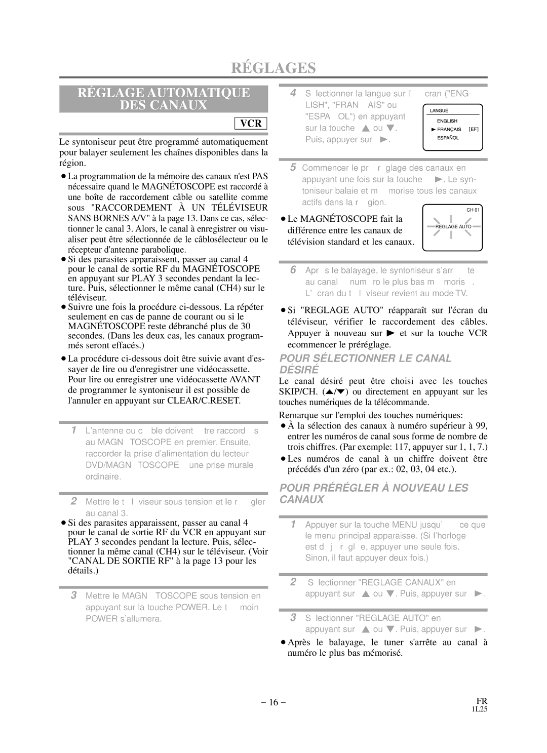 Sylvania RSDCD2203 owner manual RÉ Glages, RÉ Glage Automatique DES Canaux, Pour SÉ Lectionner LE Canal DÉ Siré 