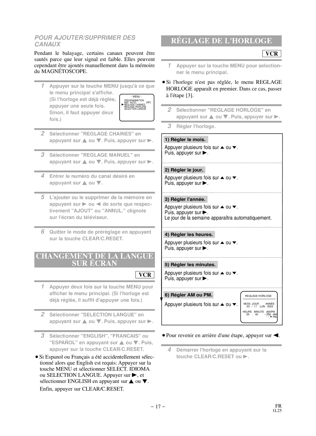 Sylvania RSDCD2203 owner manual Changement DE LA Langue SUR É Cran, RÉ Glage DE Lhorloge, Pour AJOUTER/SUPPRIMER DES Canaux 