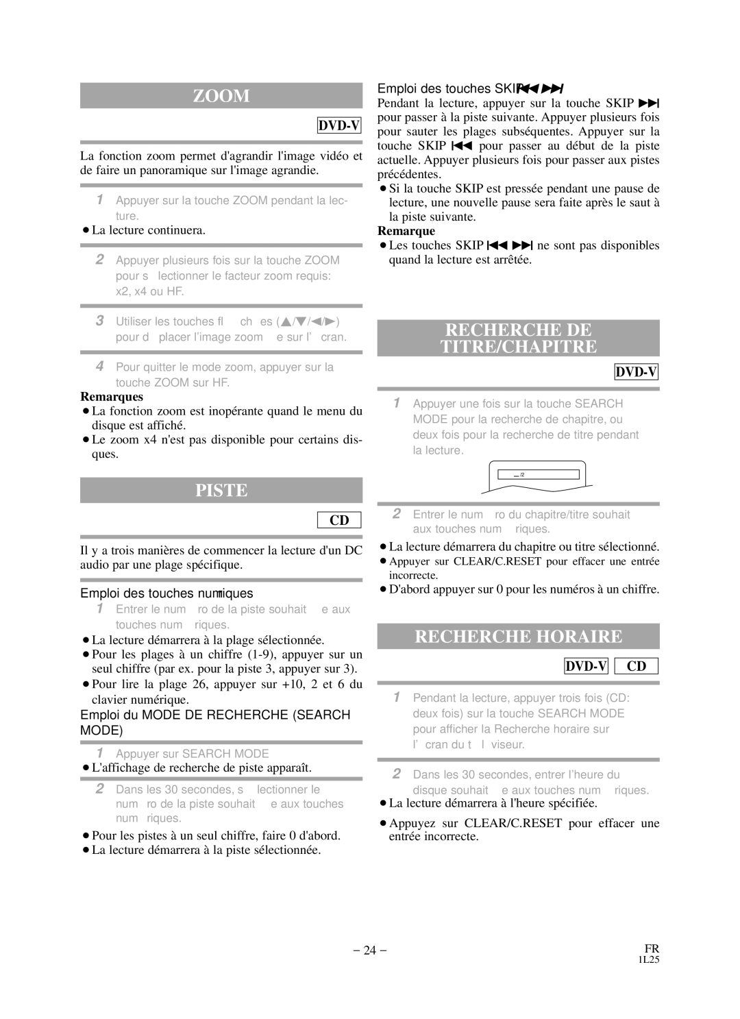 Sylvania RSDCD2203 owner manual Piste, Recherche DE TITRE/CHAPITRE, Recherche Horaire 