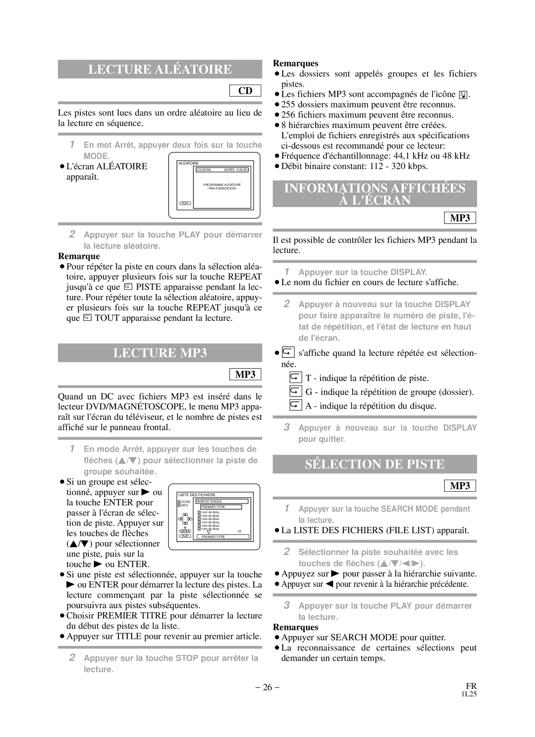 Sylvania RSDCD2203 owner manual Lecture ALÉ Atoire, Lecture MP3, Informations Affiché ES LÉ Cran, SÉ Lection DE Piste 