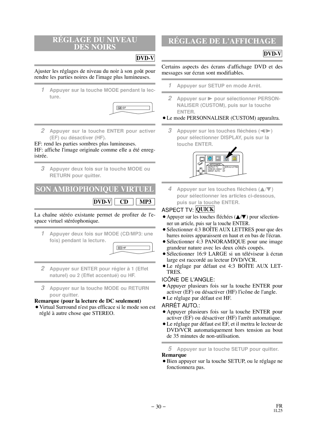 Sylvania RSDCD2203 owner manual RÉ Glage DU Niveau DES Noirs, RÉ Glage DE Laffichage, SON Ambiophonique Virtuel 