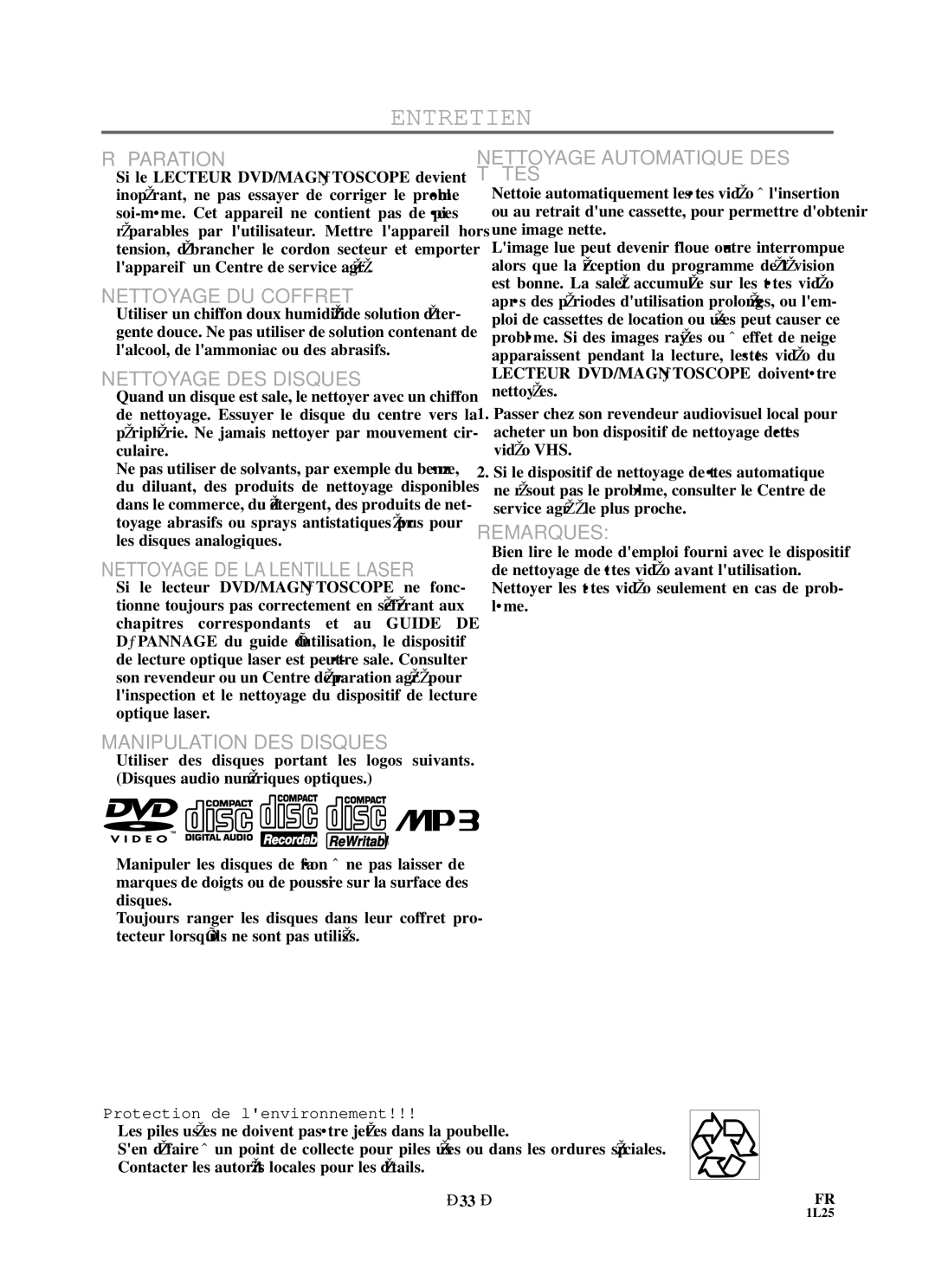 Sylvania RSDCD2203 owner manual Entretien, Protection de lenvironnement 