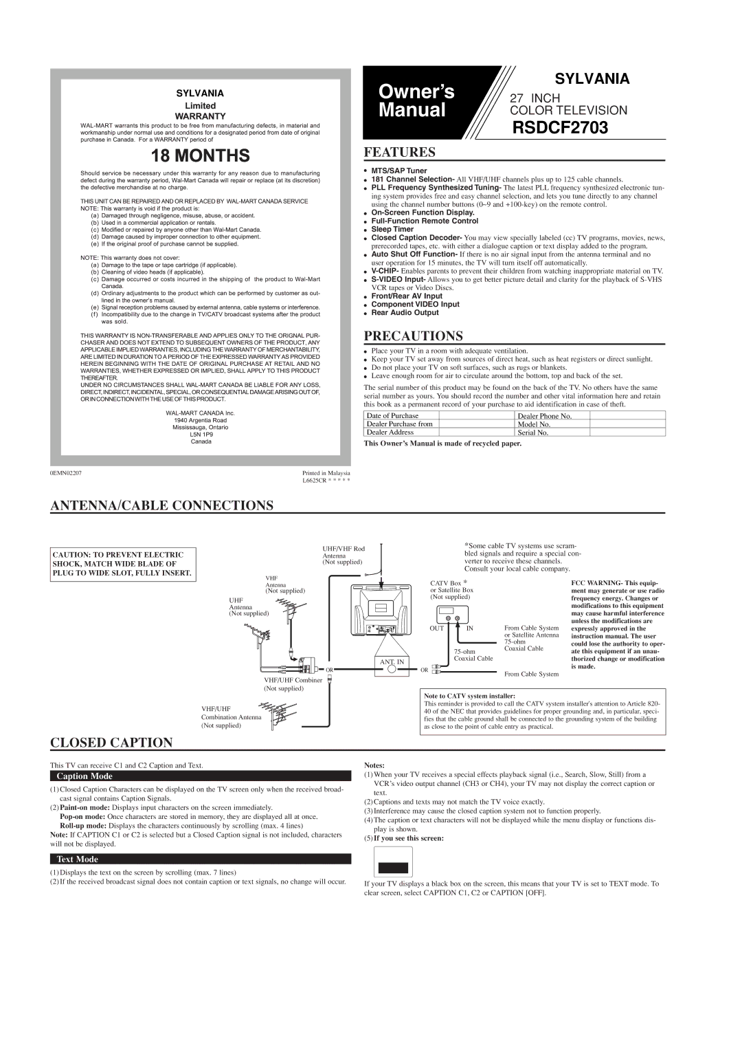 Sylvania RSDCF2703 owner manual Features, Precautions, ANTENNA/CABLE Connections, Closed Caption 