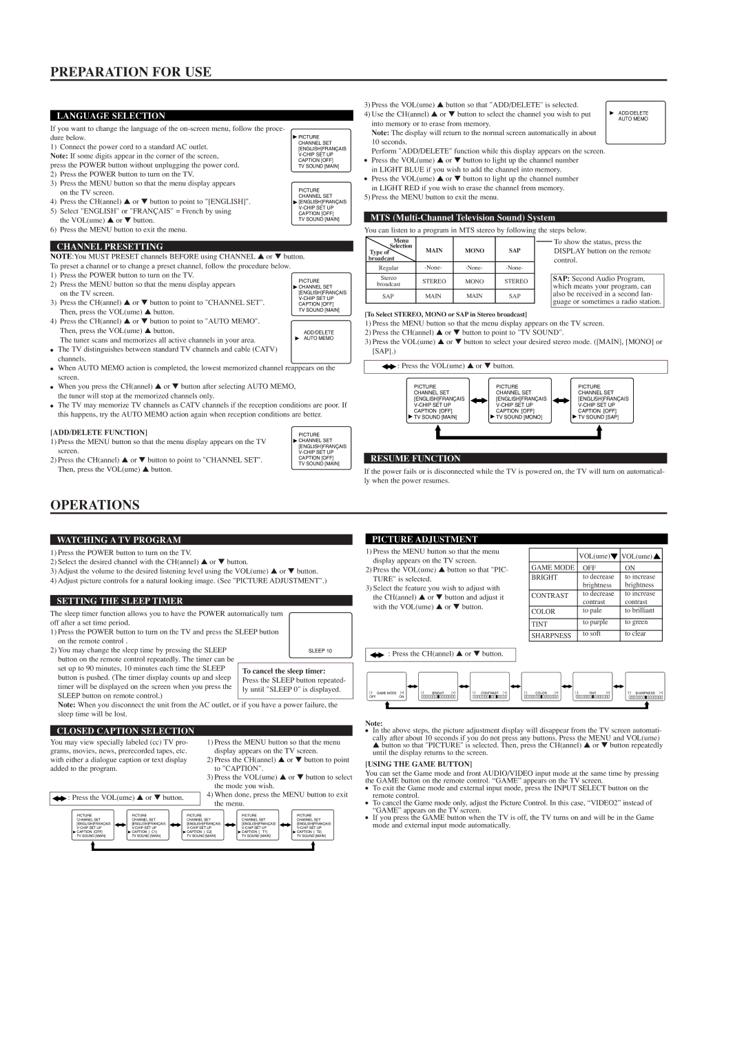 Sylvania RSDCF2703 owner manual Preparation for USE, Operations 