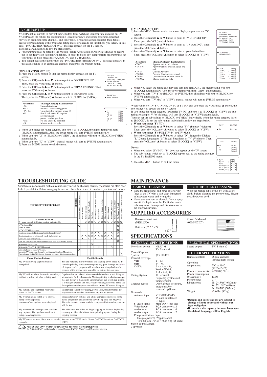 Sylvania RSDCF2703 owner manual Troubleshooting Guide, Maintenance, Supplied Accessories, Specifications 