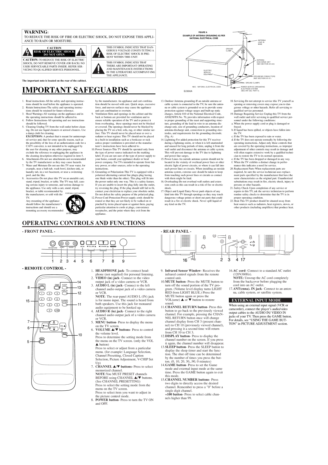 Sylvania RSDCT2703R owner manual Operating Controls and Functions, External Input Mode 