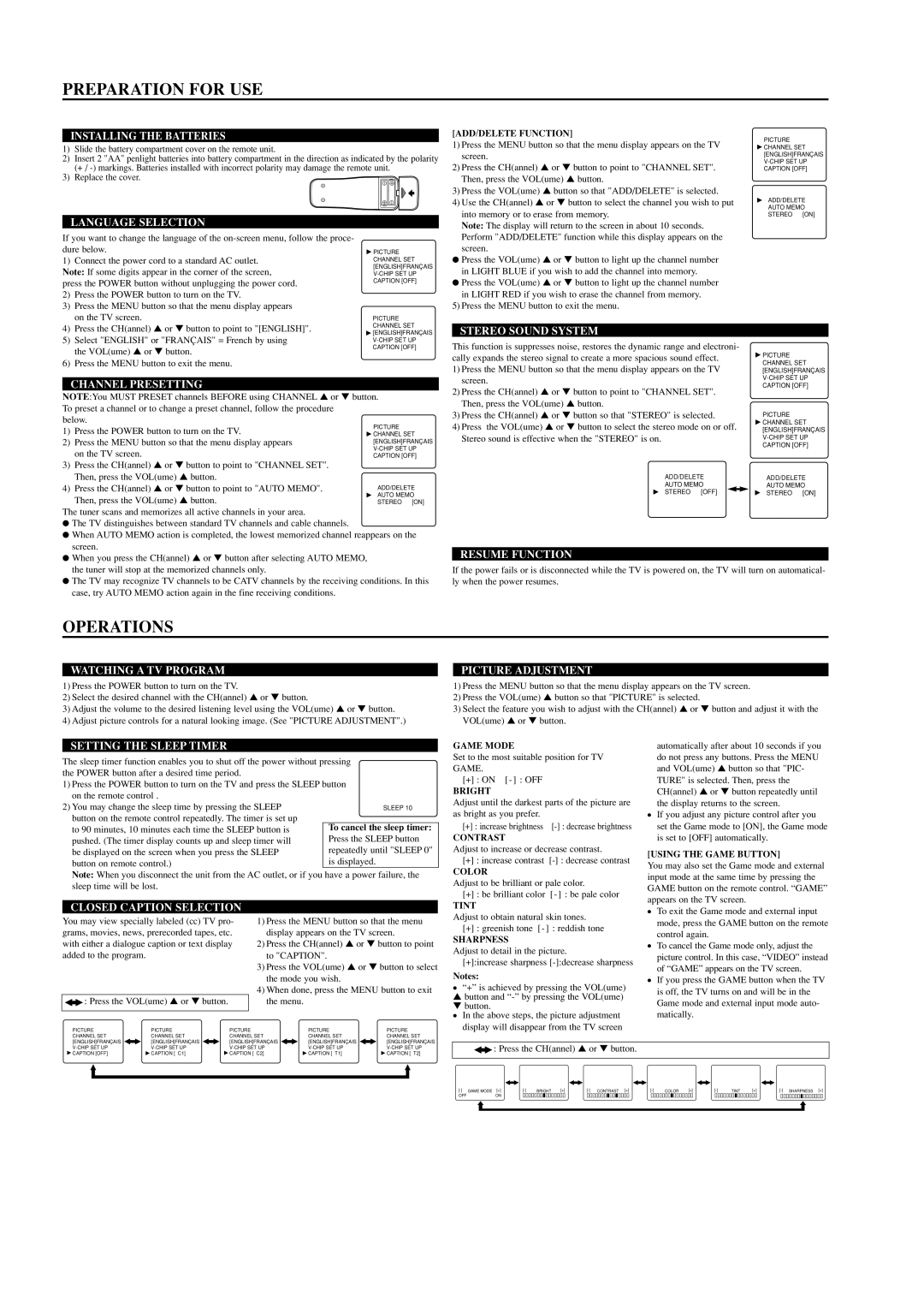 Sylvania RSDCT2703R owner manual Preparation for USE, Operations 