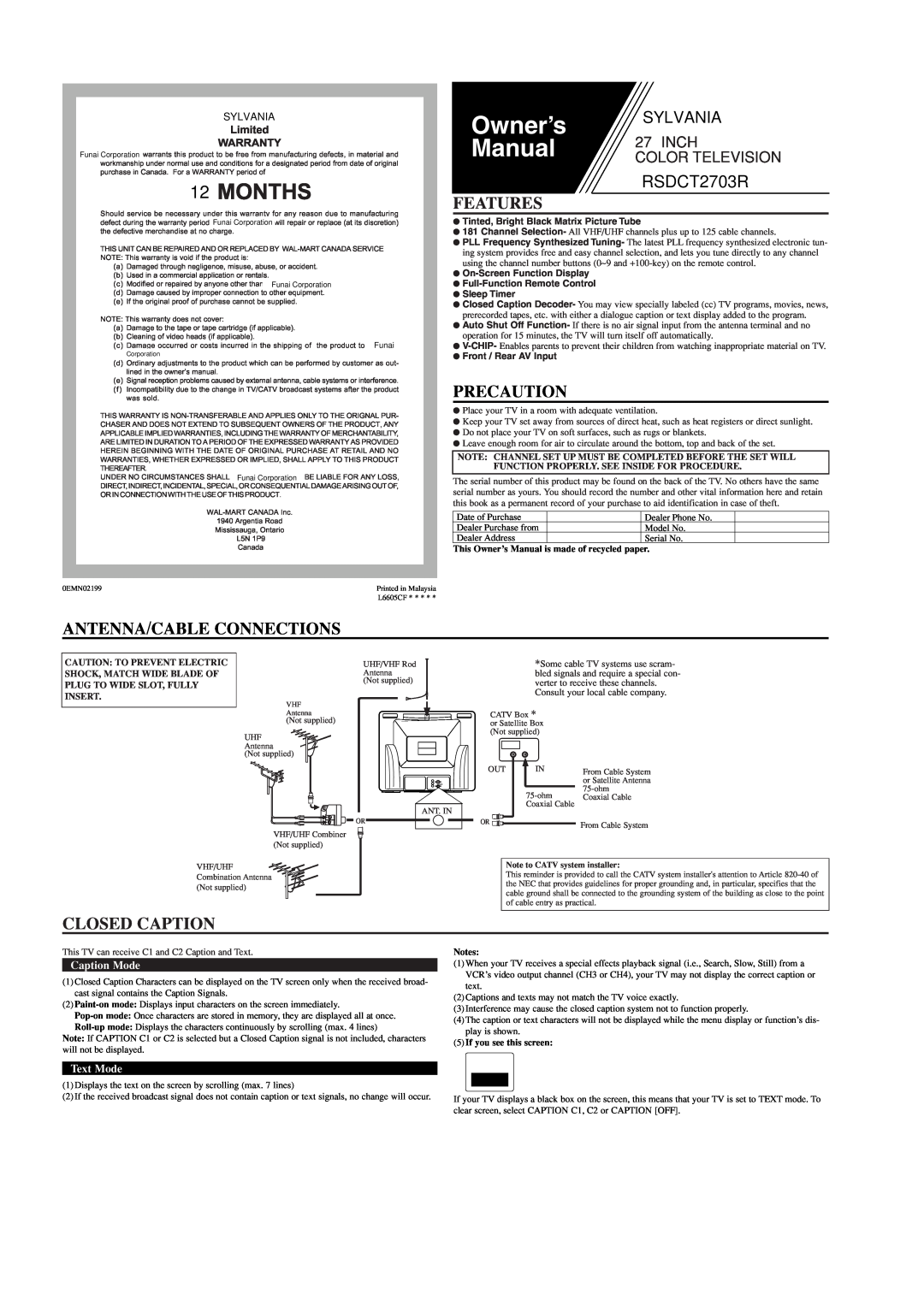 Sylvania RSDCT2703R owner manual Features, Precaution, Antenna/Cable Connections, Closed Caption, Caption Mode, Text Mode 
