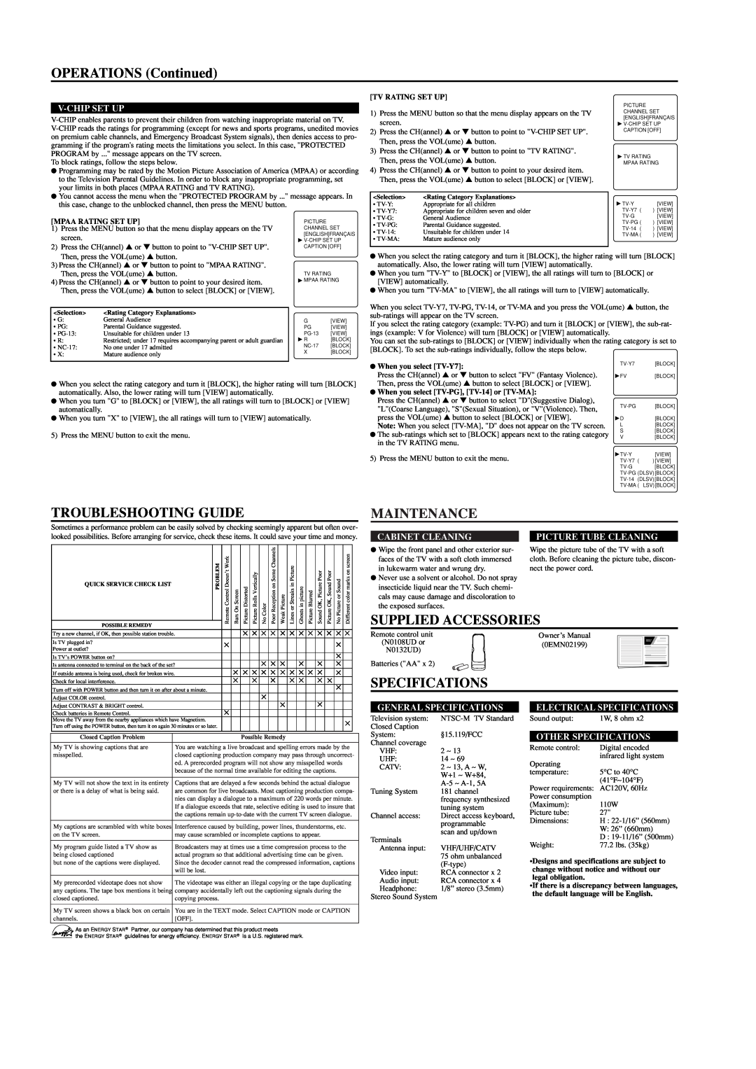Sylvania RSDCT2703R OPERATIONS Continued, Troubleshooting Guide, Maintenance, Supplied Accessories, Specifications 