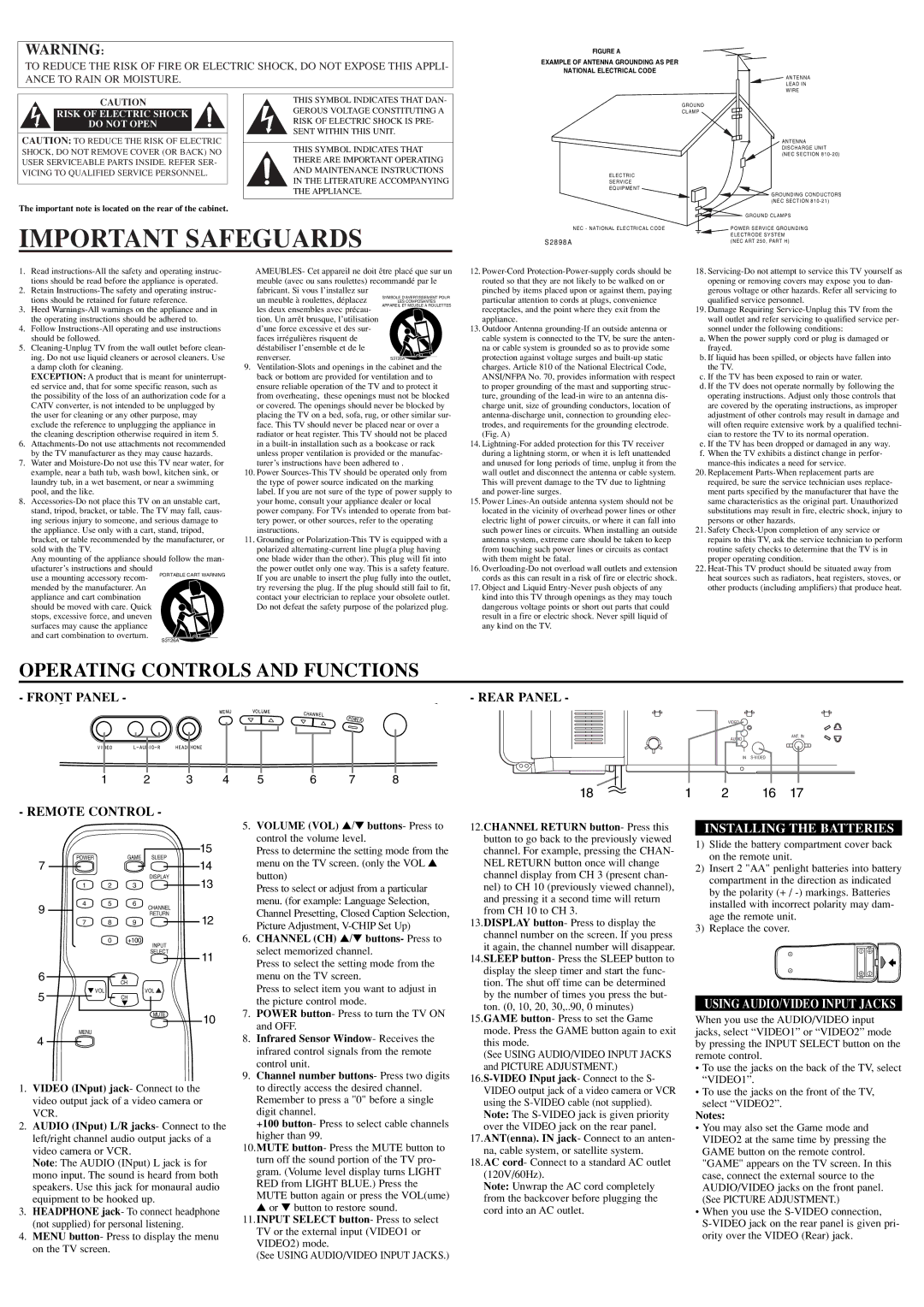 Sylvania RSDCT2704R owner manual Important Safeguards, Remote Control Rear Panel, Installing the Batteries 