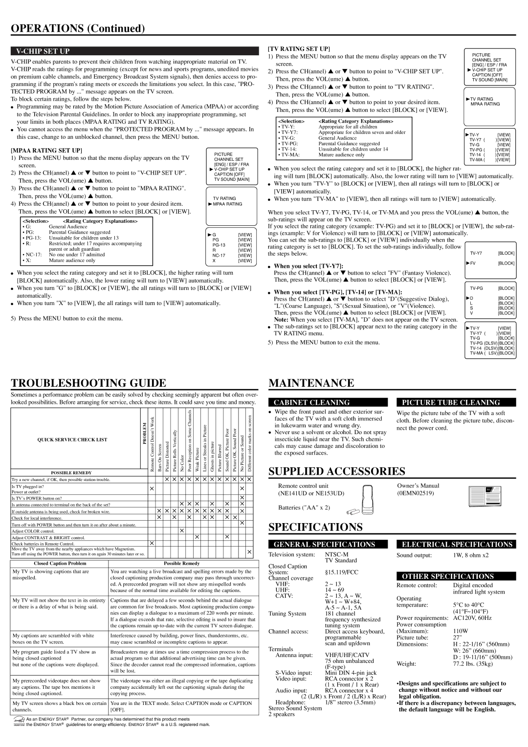 Sylvania RSDCT2704R owner manual Operations, Troubleshooting Guide, Maintenance, Supplied Accessories, Specifications 