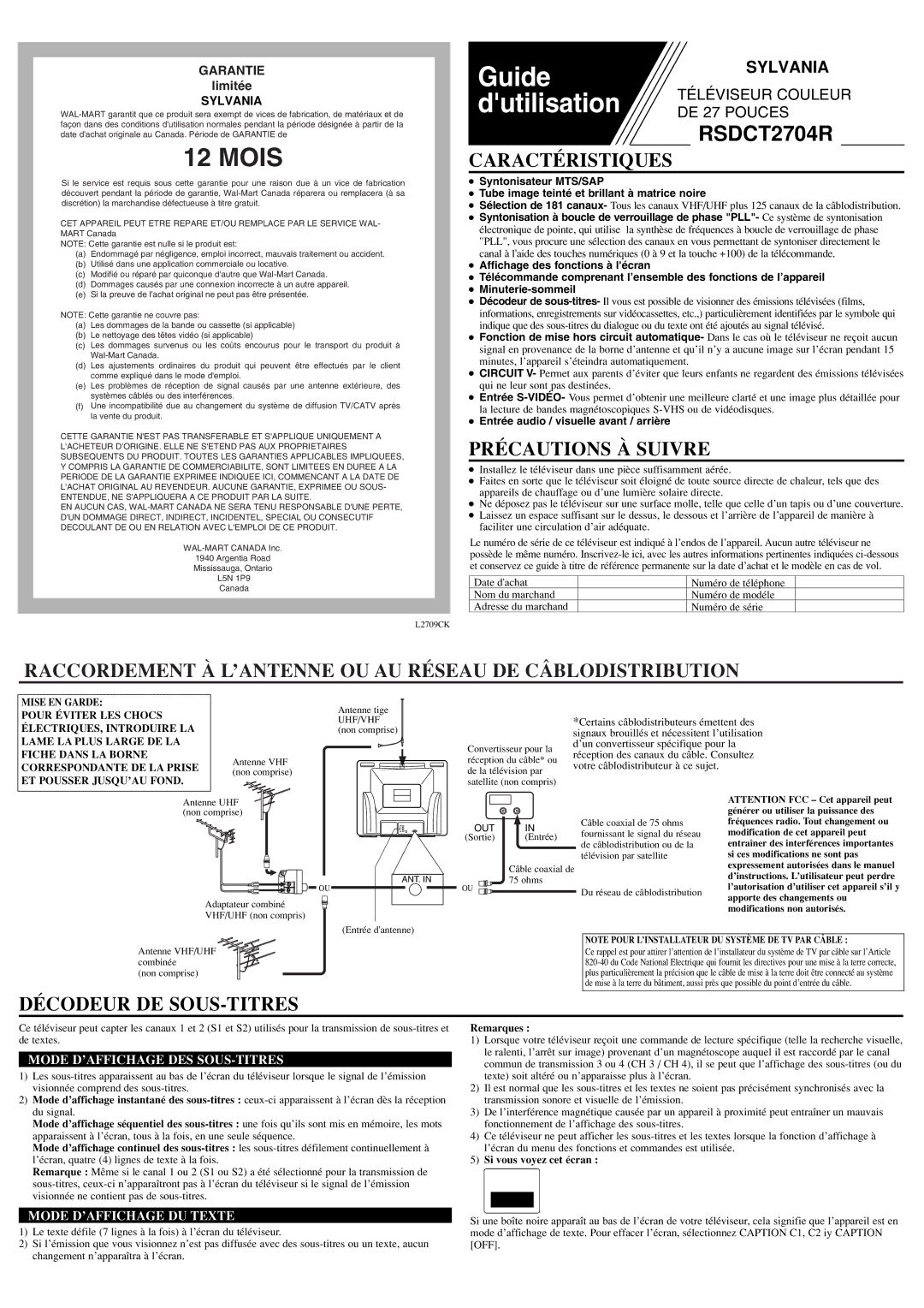 Sylvania RSDCT2704R Caractéristiques, Précautions À Suivre, Raccordement À L’ANTENNE OU AU Réseau DE Câblodistribution 