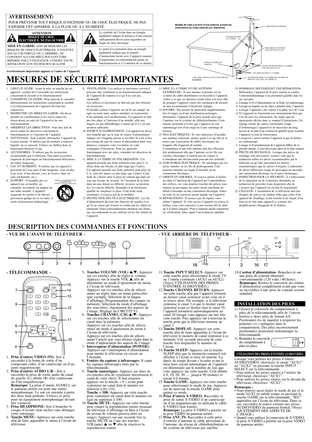 Sylvania RSDCT2704R Mesures DE Sécurité Importantes, Description DES Commandes ET Fonctions, Installation DES Piles 