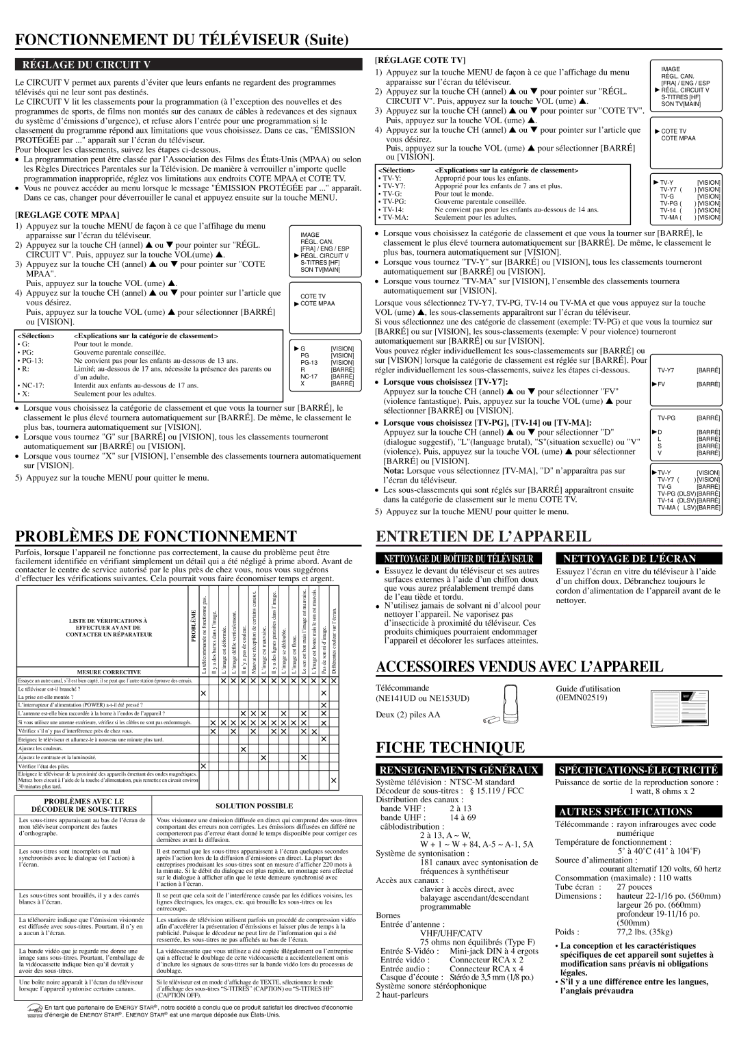 Sylvania RSDCT2704R owner manual Fonctionnement DU Téléviseur Suite, Problèmes DE Fonctionnement, Entretien DE L’APPAREIL 